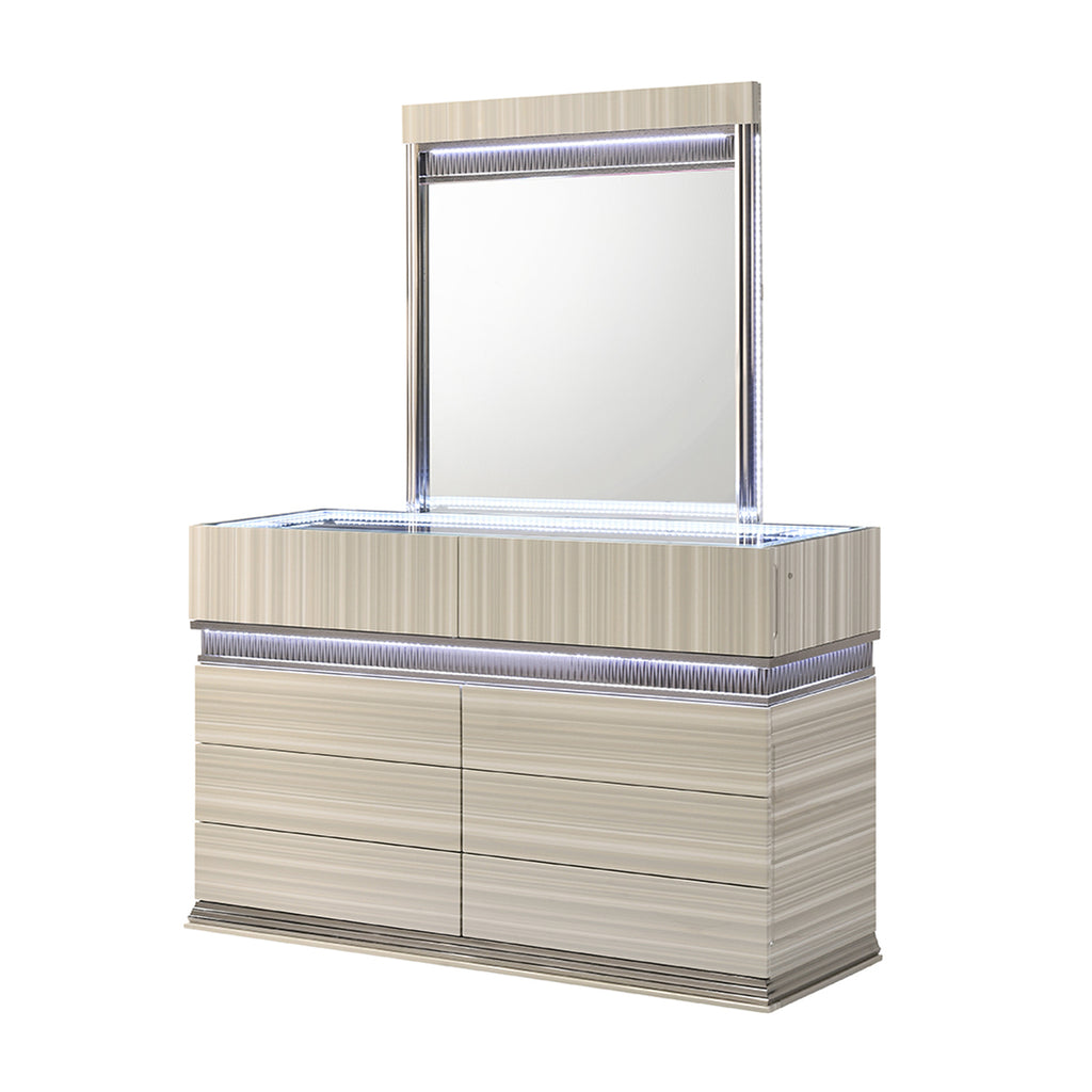 Leonor Modern Queen 4Pc Bedroom Set Made with Wood and LED Lighting in Gray with Clean Linear Detailing