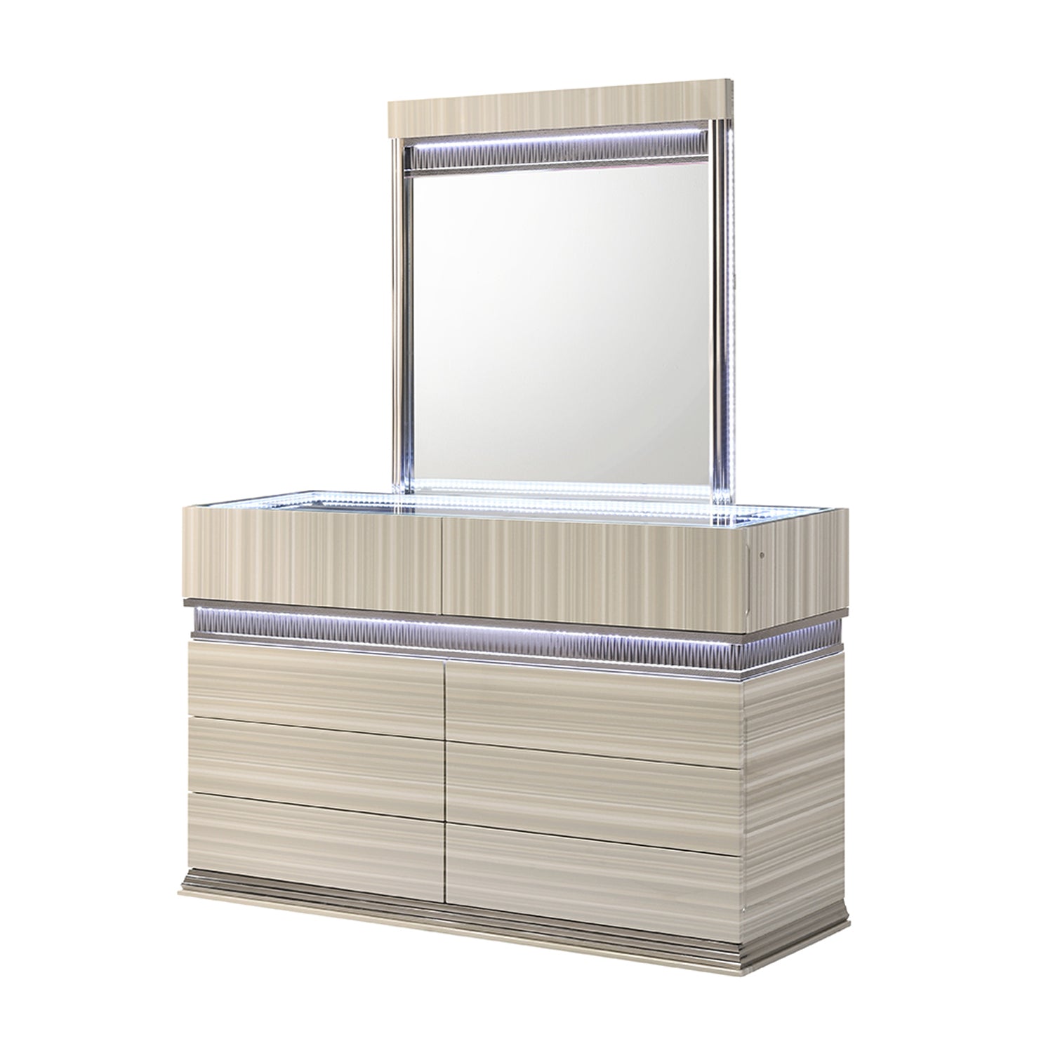 Leonor Modern Queen 4Pc Bedroom Set Made with Wood and LED Lighting in Gray with Clean Linear Detailing