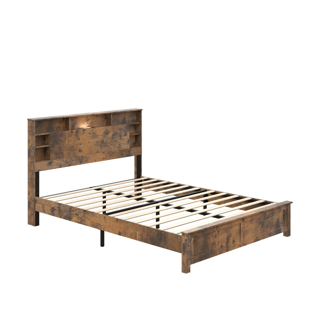 King Size Bed Frame with Storage Headboard, Wood Platform Bed Frame with Charging Station, LED Lights & Bookcase, No Box Spring Needed, Dark Brown