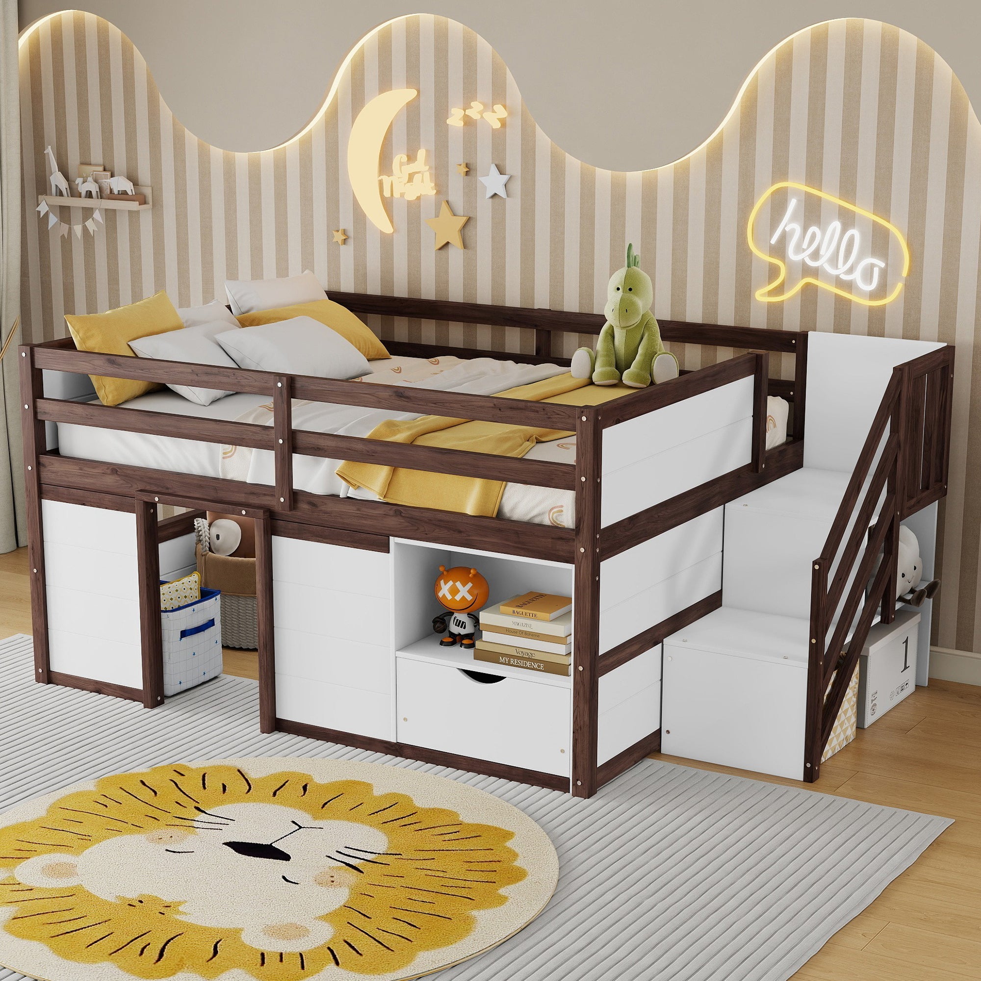 Full Size Solid Wood Low Loft Bed Frame with Built-in Stairs, Storage Drawer, Shelf and 7 Colors LED Light for Kids Bedroom,White + Walnut.