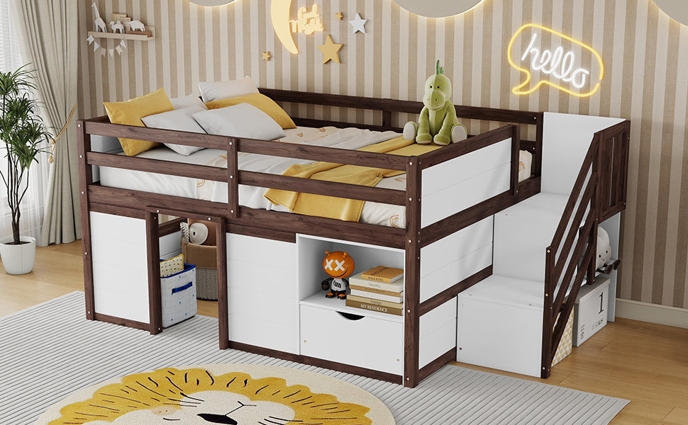 Full Size Solid Wood Low Loft Bed Frame with Built-in Stairs, Storage Drawer, Shelf and 7 Colors LED Light for Kids Bedroom,White + Walnut.
