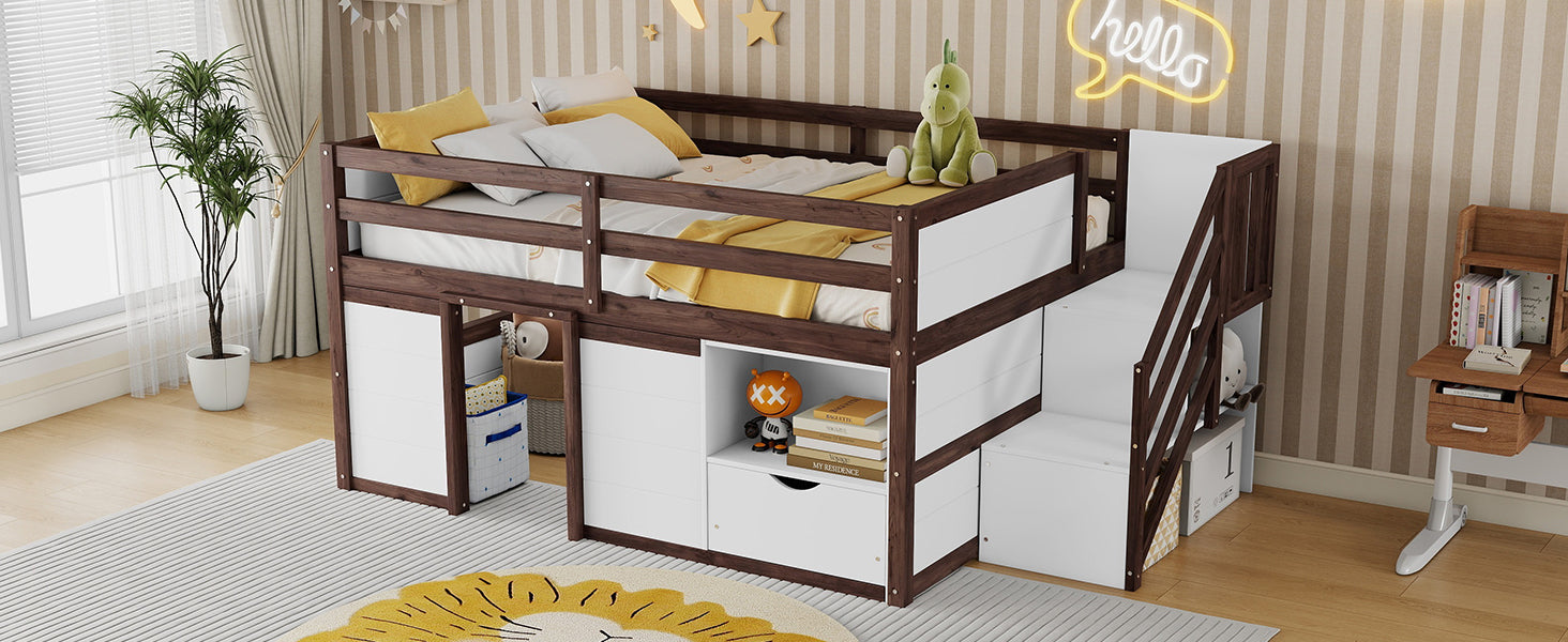 Full Size Solid Wood Low Loft Bed Frame with Built-in Stairs, Storage Drawer, Shelf and 7 Colors LED Light for Kids Bedroom,White + Walnut.