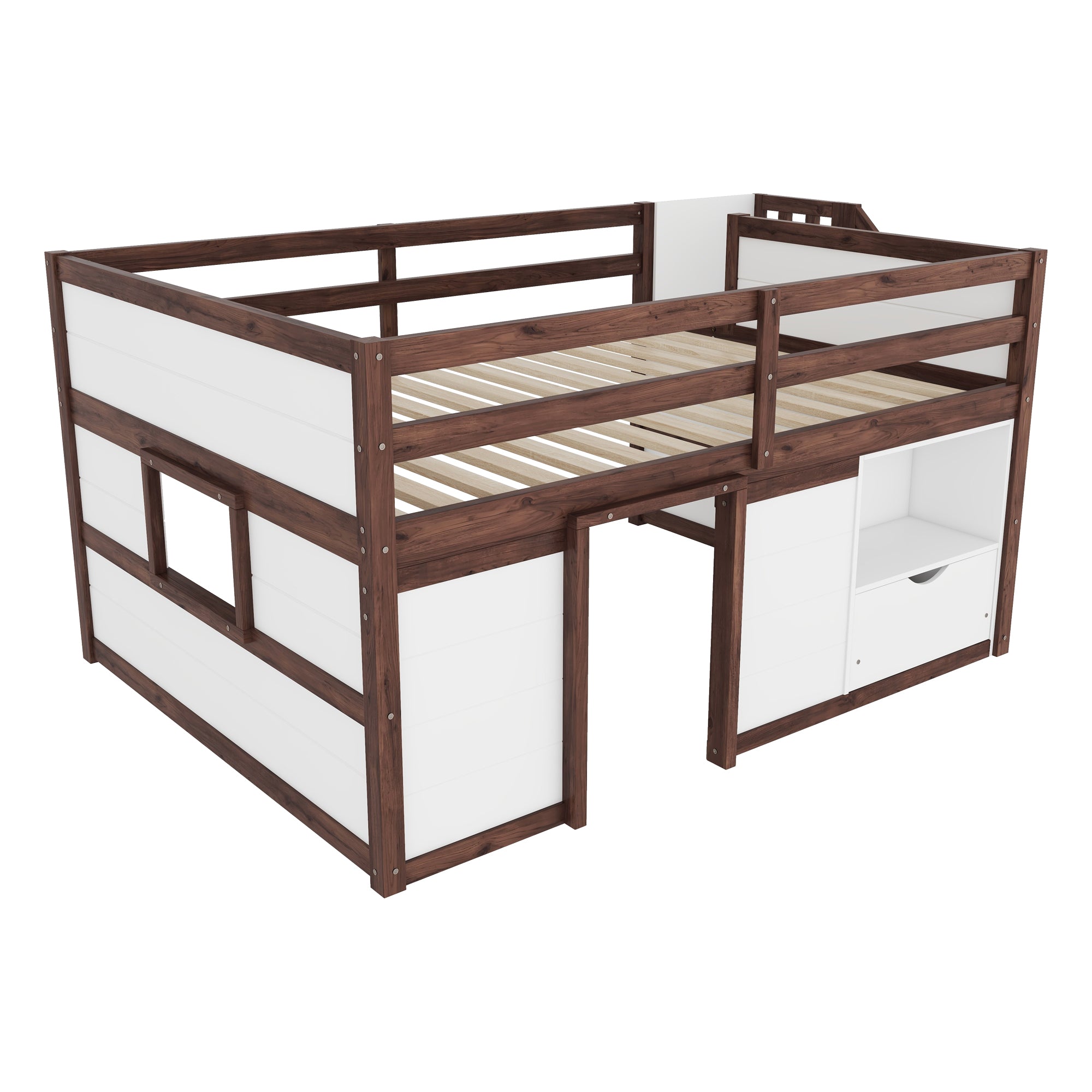 Full Size Solid Wood Low Loft Bed Frame with Built-in Stairs, Storage Drawer, Shelf and 7 Colors LED Light for Kids Bedroom,White + Walnut.