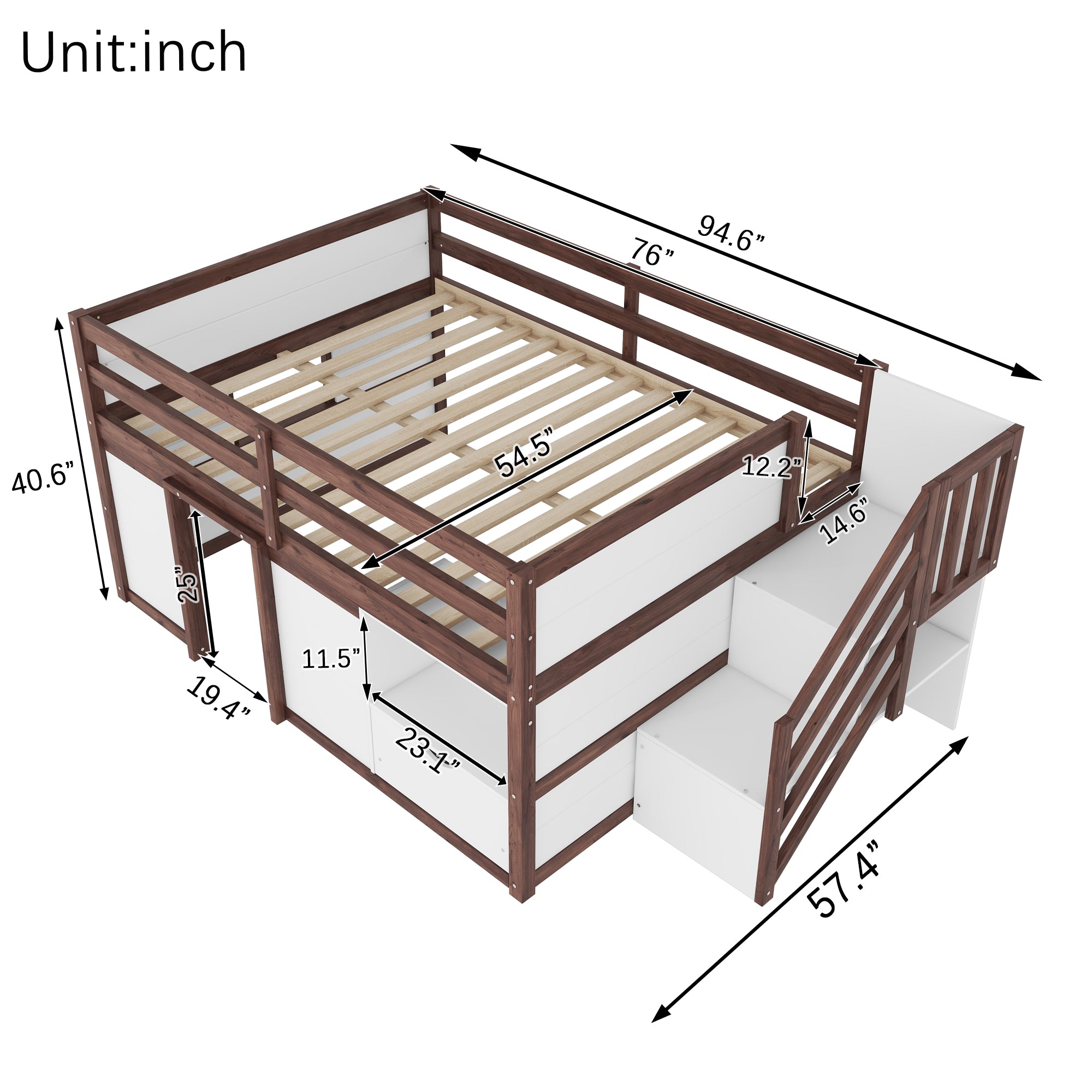 Full Size Solid Wood Low Loft Bed Frame with Built-in Stairs, Storage Drawer, Shelf and 7 Colors LED Light for Kids Bedroom,White + Walnut.