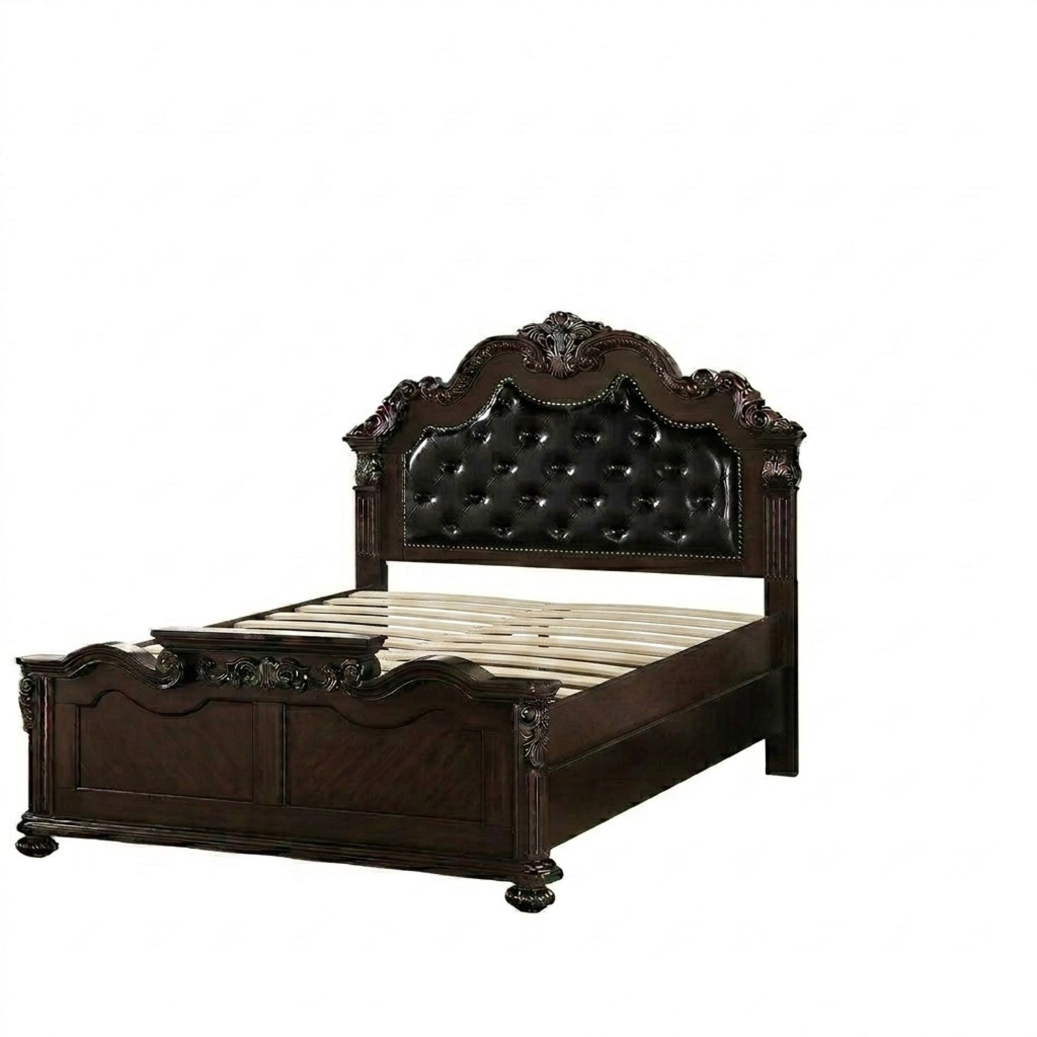 Gorgeous Traditional Antique Cherry Eastern King Size Bed Tufted Faux Leather HB 2x Nightstands 3pc Bedroom Set