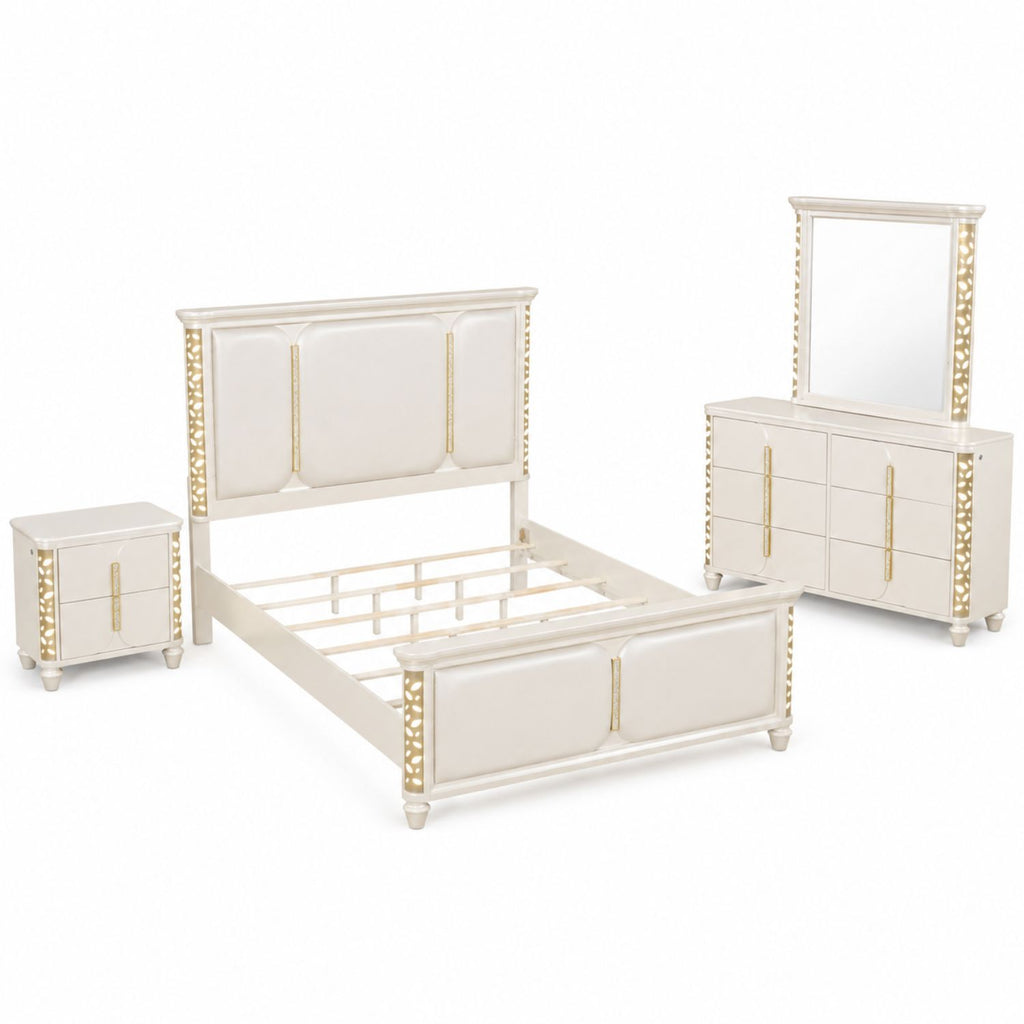 Cinderella Traditional 4 Pc Queen Bedroom Set with LED Lighting, Upholstered Bed and Gold Accents in Beige