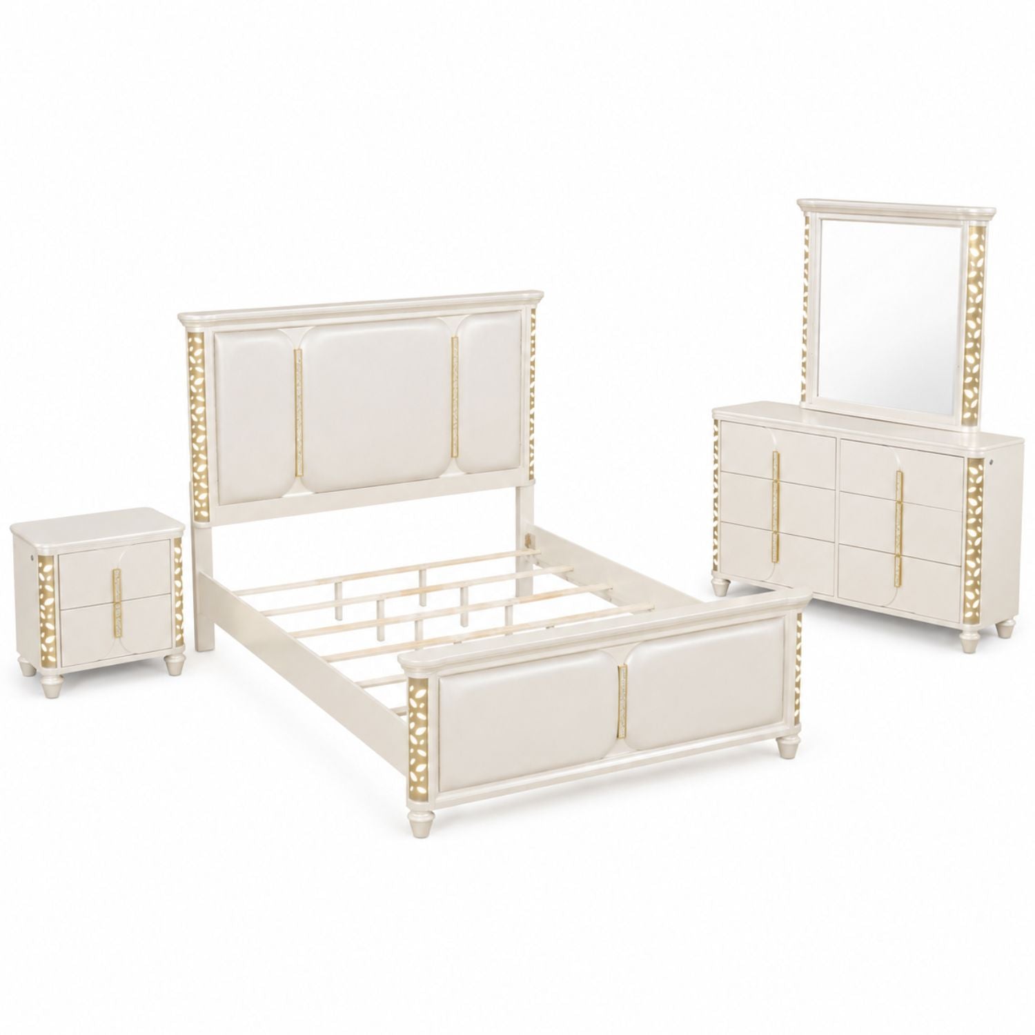 Cinderella Traditional 4 Pc Queen Bedroom Set with LED Lighting, Upholstered Bed and Gold Accents in Beige