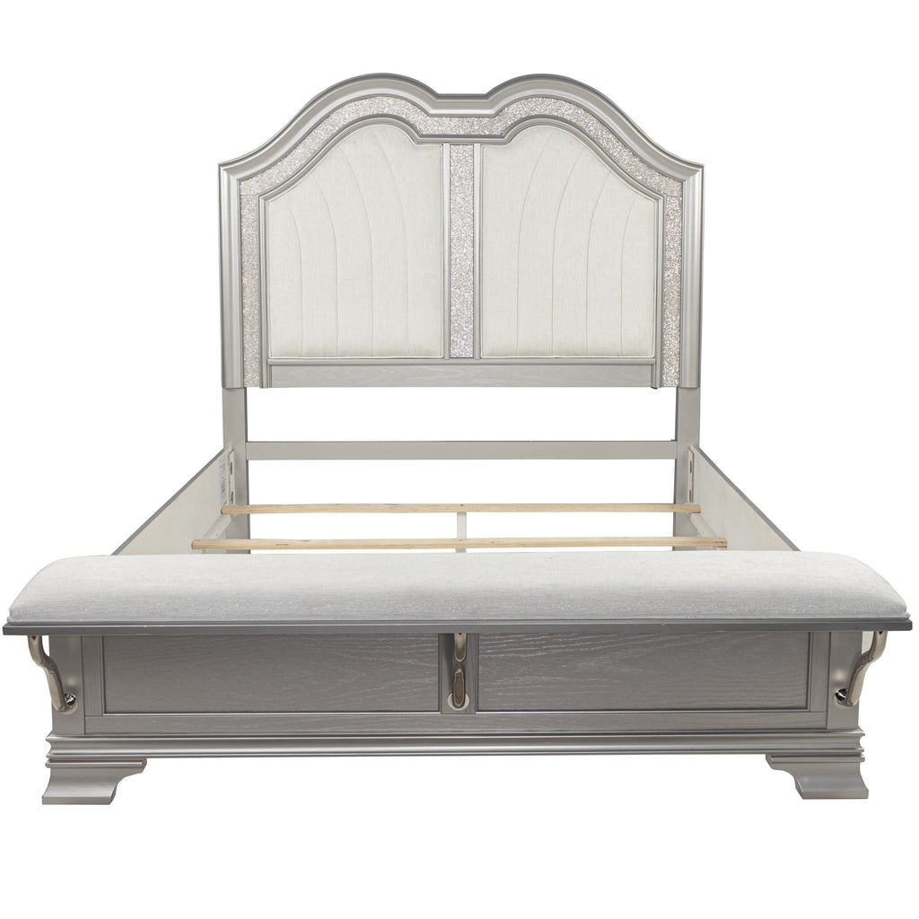 Contemporary Elegant Queen Size Bed 2x Nightstands Footboard Bench Upholstered HB 3pc Set Silver Bedroom