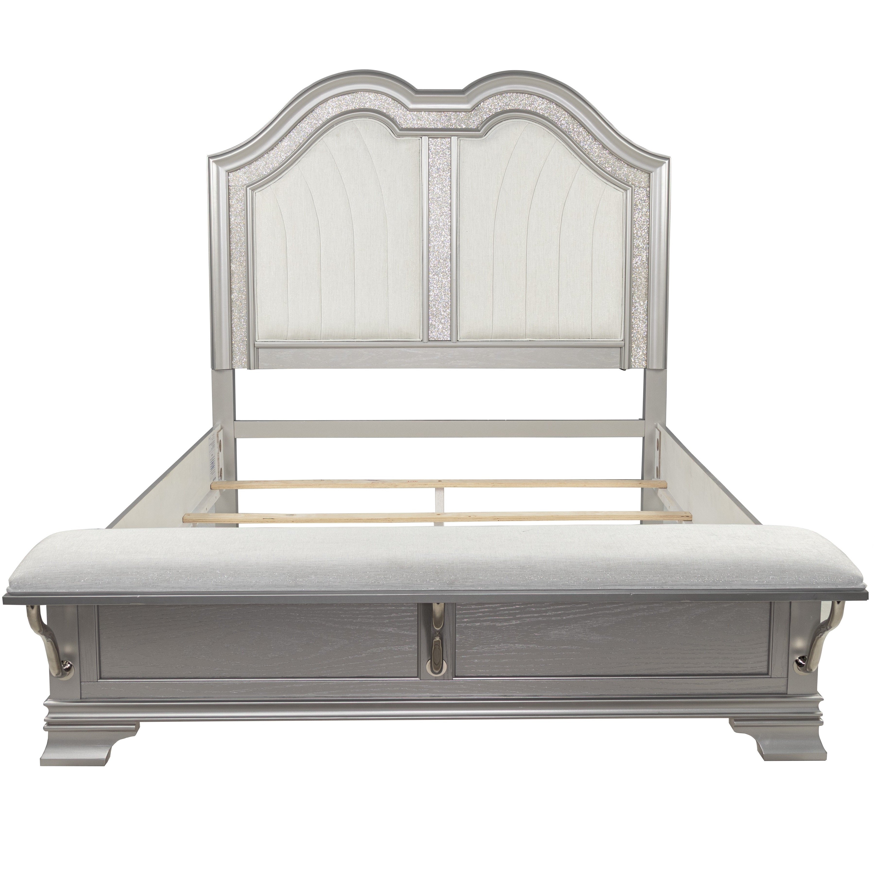 Contemporary Elegant Queen Size Bed 2x Nightstands Footboard Bench Upholstered HB 3pc Set Silver Bedroom