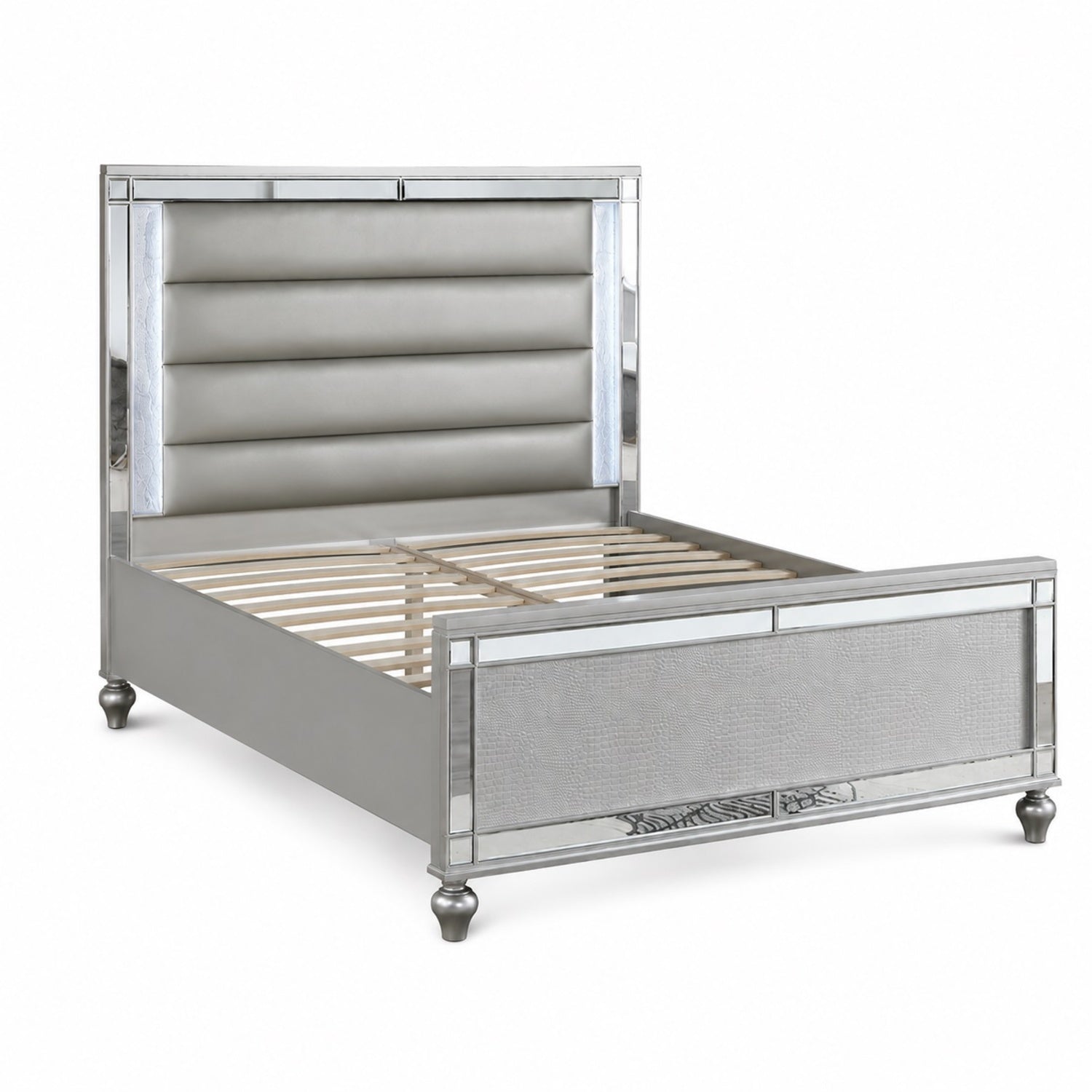 Bedroom Furniture Modern Queen Size Bed 2x Nightstands LED Lights Glass Panel Horizontal Tufting Silver