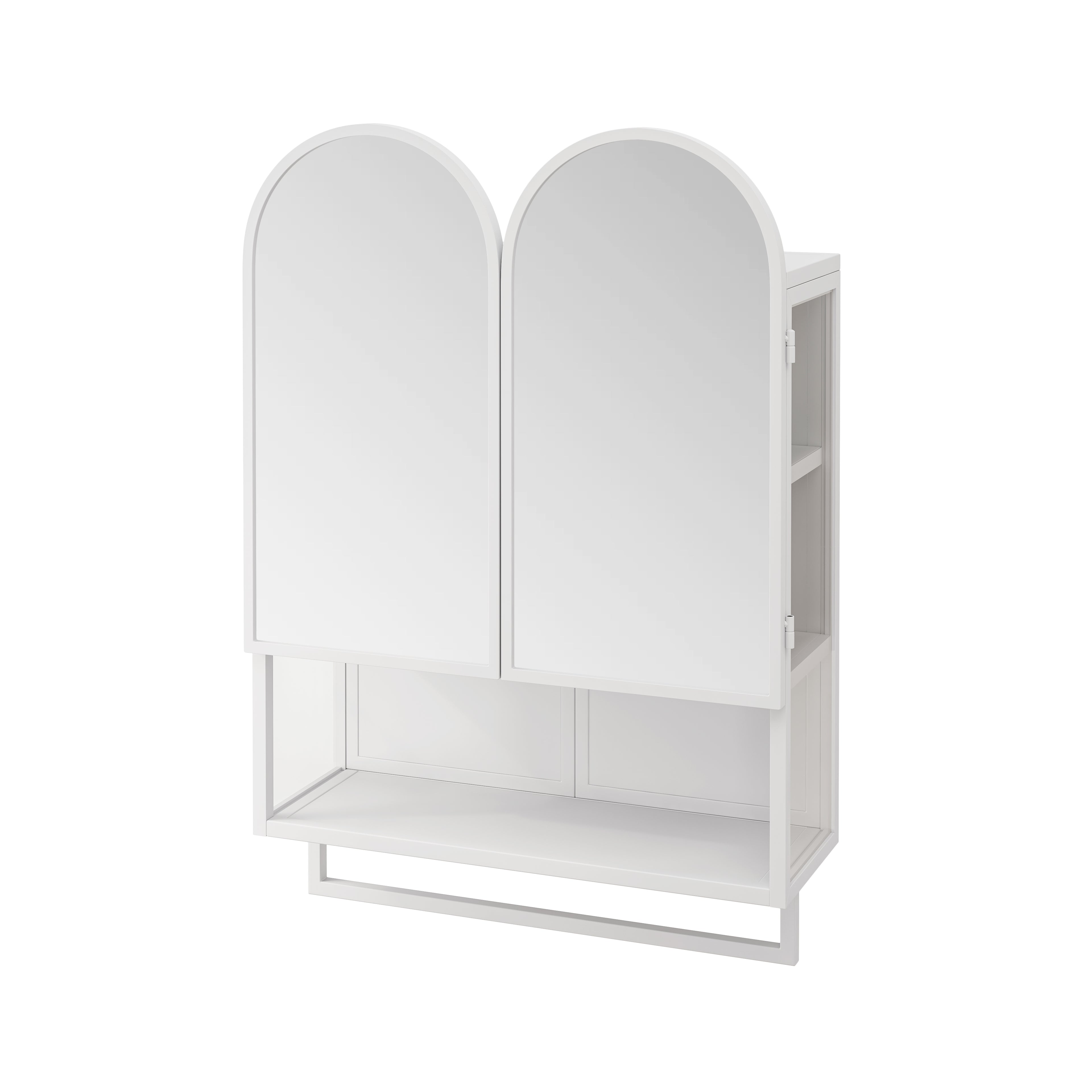 23.62" Modern Double-Arched Mirror Cabinet,2 Doors Medicine Cabinet, Metal Wall Cabinet with Adjustable Shelves and Towel Rack, Mirror Cabinet with Storage for Bathroom, Living Room and Bedroom, White
