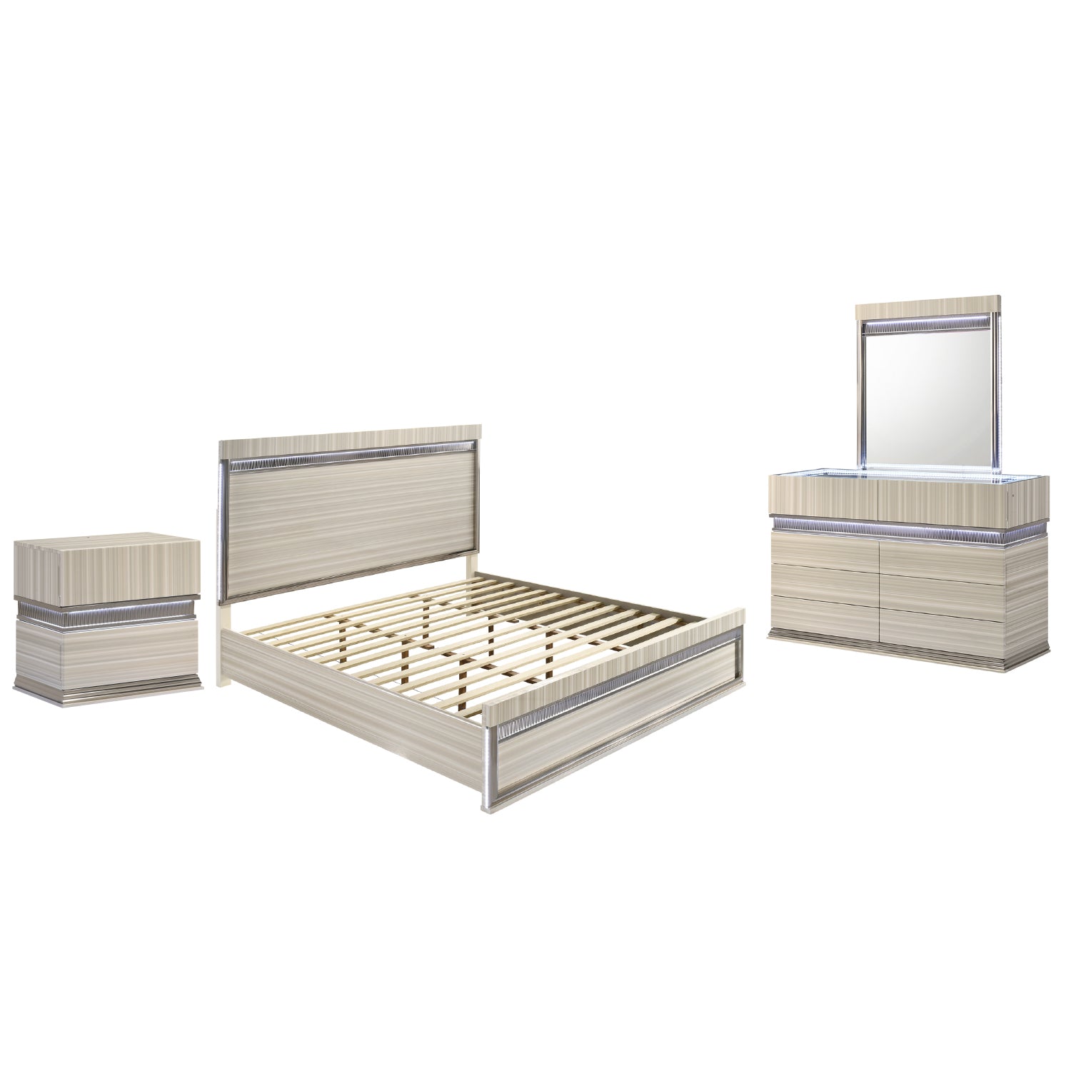 Leonor Modern Queen 4Pc Bedroom Set Made with Wood and LED Lighting in Gray with Clean Linear Detailing