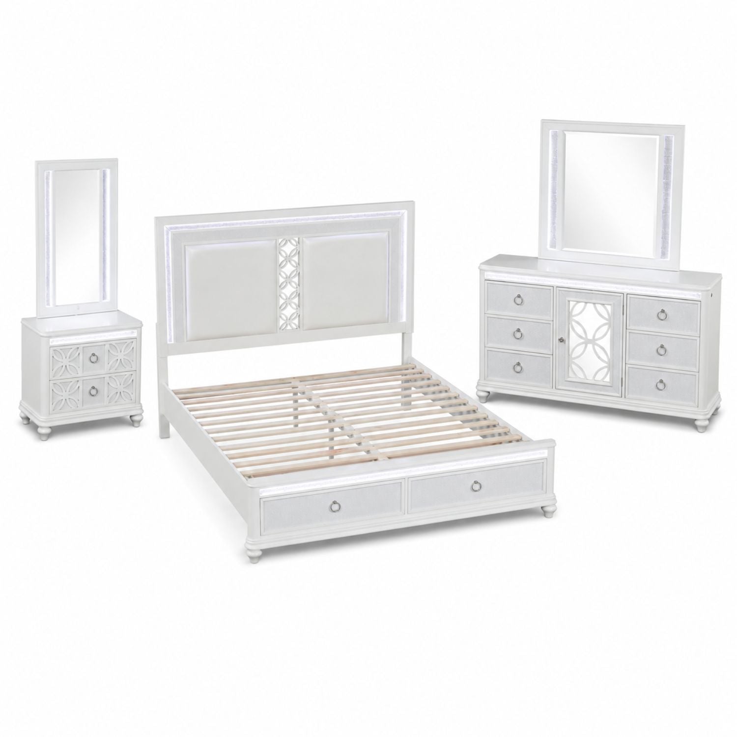 Abigale Queen 4Pc Bedroom Set with Mirror Top Nightstand made with wood, Footboard Drawers in White