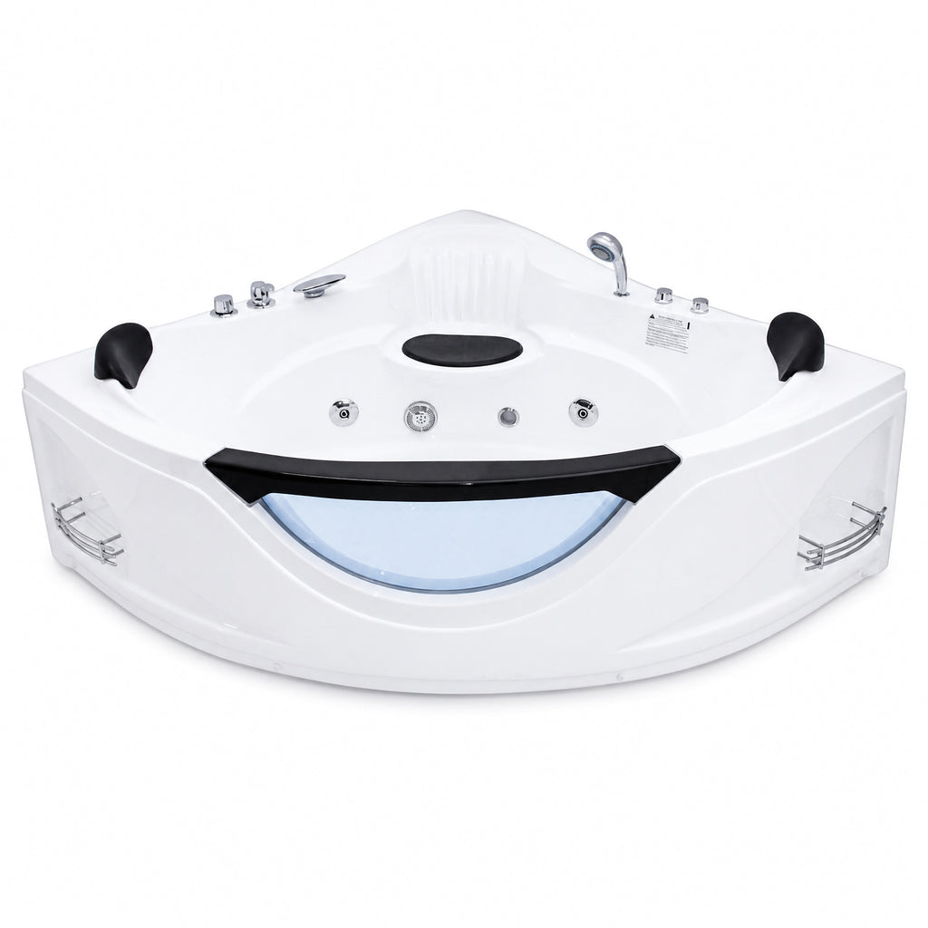 59" Corner Whirlpool Bathtub for 2-Person, Luxury Jetted Spa Tub with 6 Hydro Massage Jets, Chromatherapy LED Lights &Pneumatic adjust system, UL Certified water pump,UPC Certified drainer