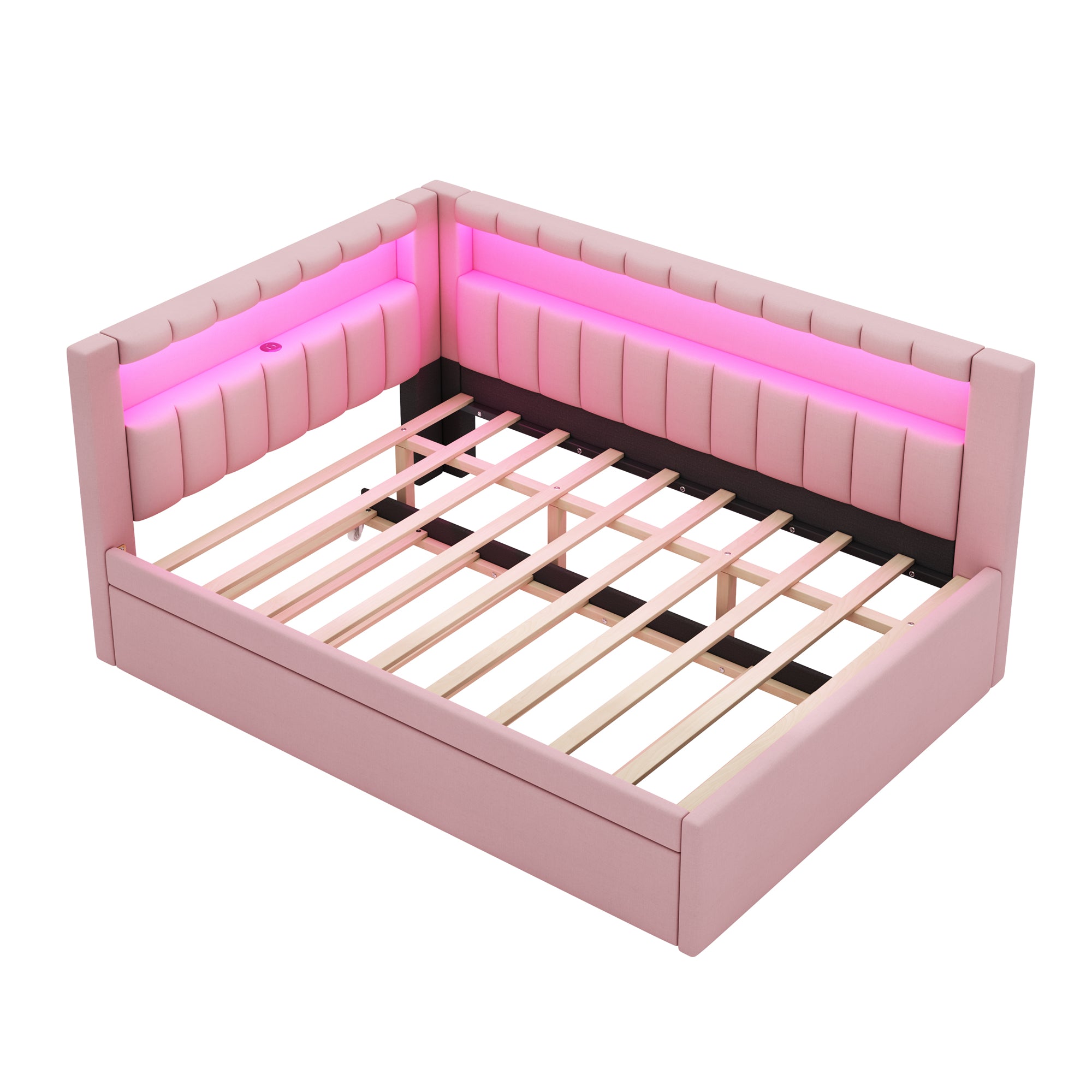 Upholstered Full Size Platform Bed with USB Ports and LED Belt, With Trundle, Pink