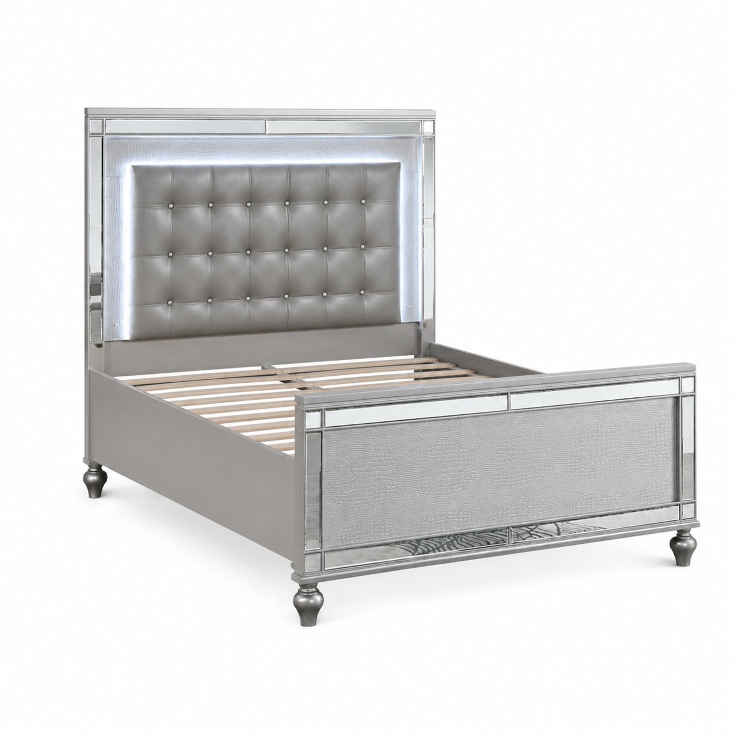 Sleek Modern Silver Tufted Faux Leather Queen Size Bed 2x Nightstands LED 3pc Set Panel Bedframe Bedroom