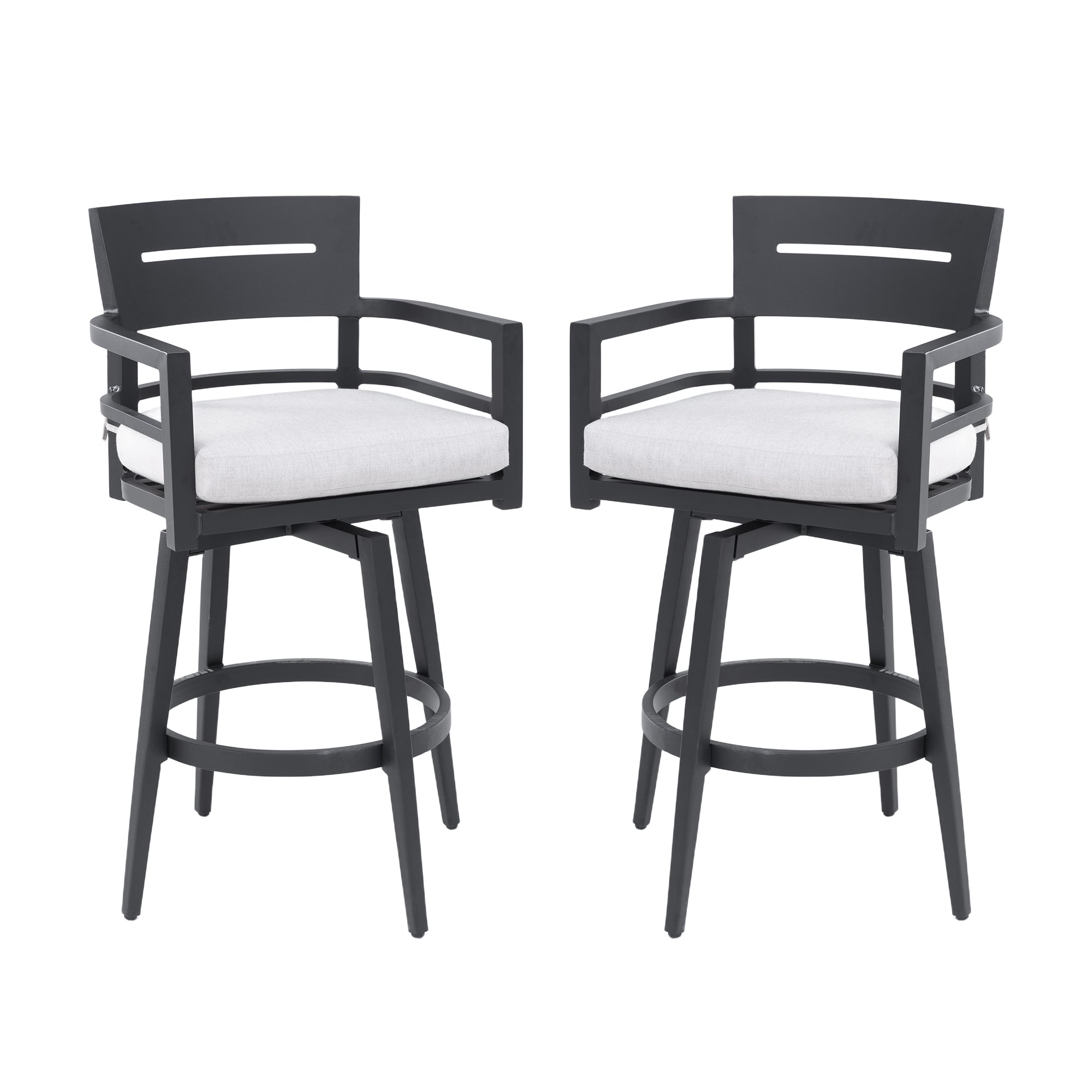 Modern Outdoor 2-Piece Swivel Bar Chairs – Aluminum Frame with Ember Black, 360° Swivel, Ergonomic Backrest & Armrests, Tapered Legs, Sunbrella Cushion, Weather-Resistant & Durable Patio Bar Stool