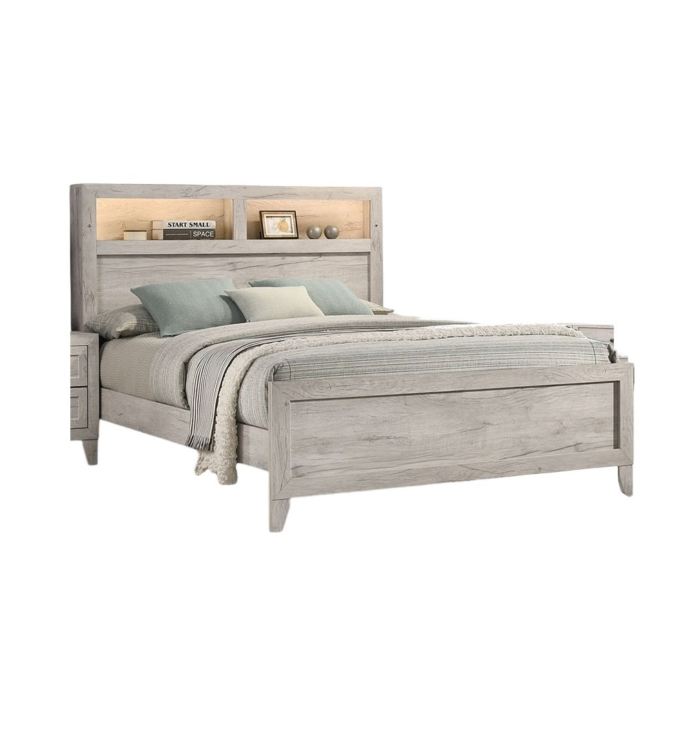 3pc Bedroom Furniture White wash Finish Queen Size Bed w Shelf Light 2x Nightstands Melamine Top Black Bar Pull