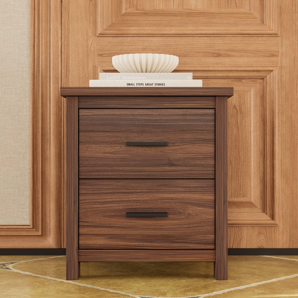 4PCS Bedroom Sets, Wooden Queen Size Bed Frame with Storage Headboard and Charging Station, 2 Nightstands with 2 Drawers, 1 Dresser with 5 Drawers, Walnut(old SKU HL000102AAD)