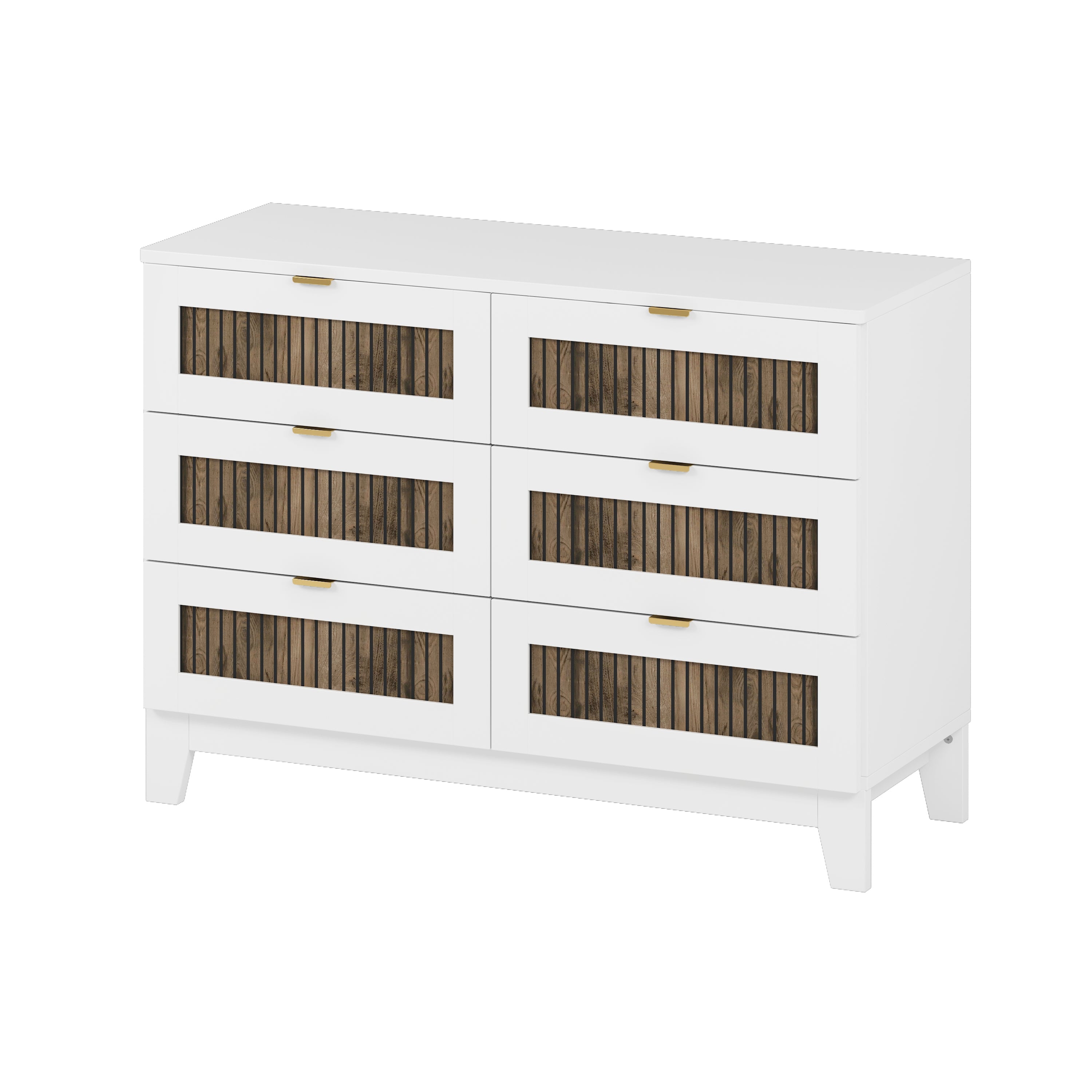 4-Pieces Bedroom Sets, Queen Size Farmhouse Platform Bed with Wooden Strip Stickers Decoration, Storage Nightstand and Dresser with Metal Handle
