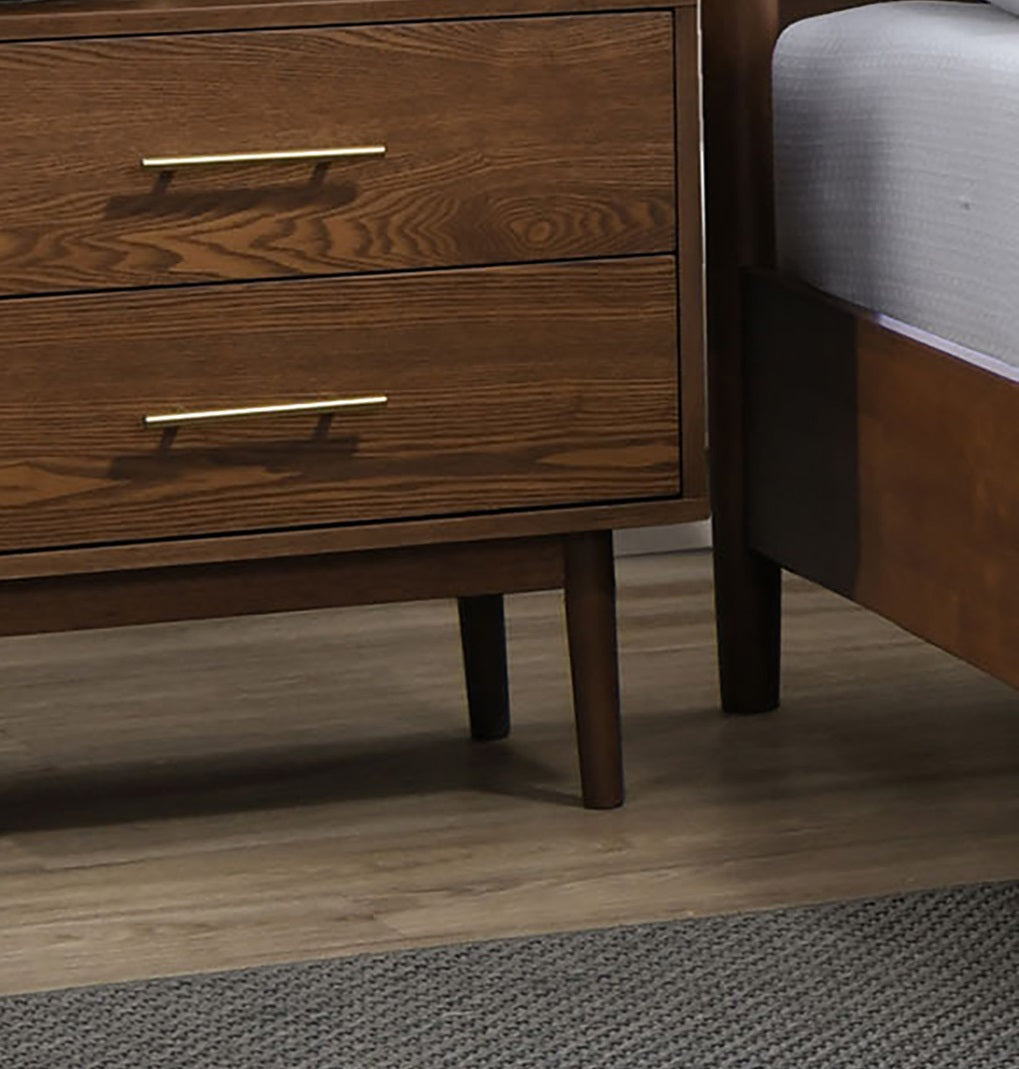 Walnut Color 3pc Bedroom Set Eastern King Size Bed 2x Nightstands Beige Upholstered Fabric Panel HB Mid-Century Modern Style
