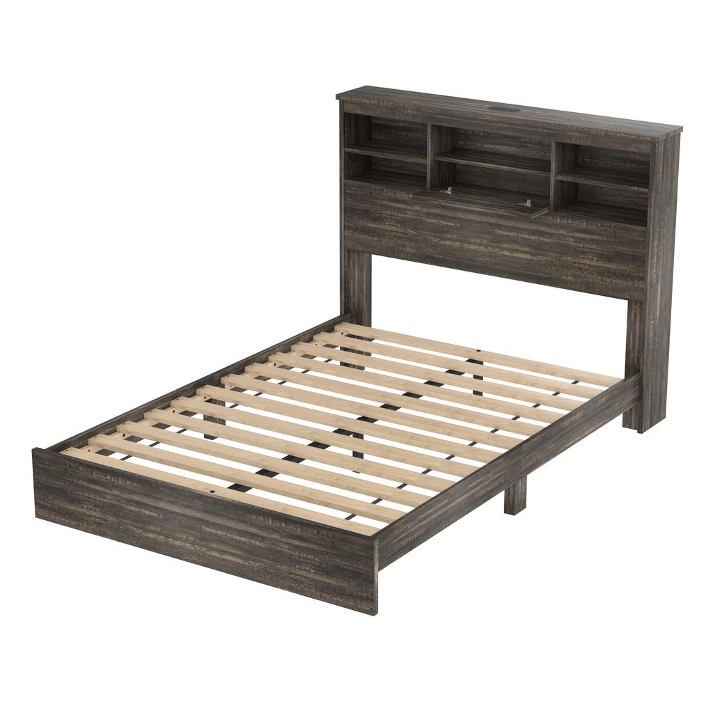 4PCS Bedroom Sets, Wooden Queen Size Bed Frame with Storage Headboard and Charging Station, 2 Nightstands with 2 Drawers, 1 Dresser with 5 Drawers, Antique Gray