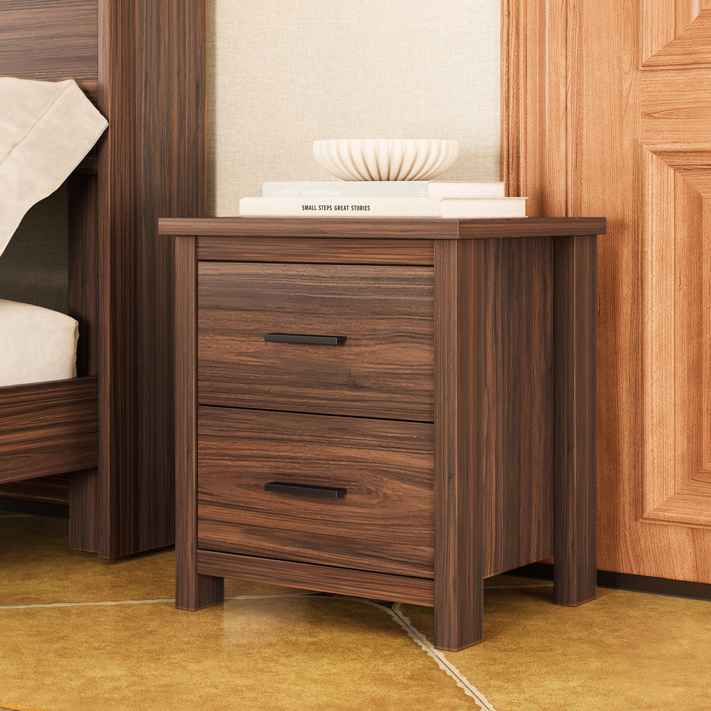 4PCS Bedroom Sets, Wooden Queen Size Bed Frame with Storage Headboard and Charging Station, 2 Nightstands with 2 Drawers, 1 Dresser with 5 Drawers, Walnut(old SKU HL000102AAD)