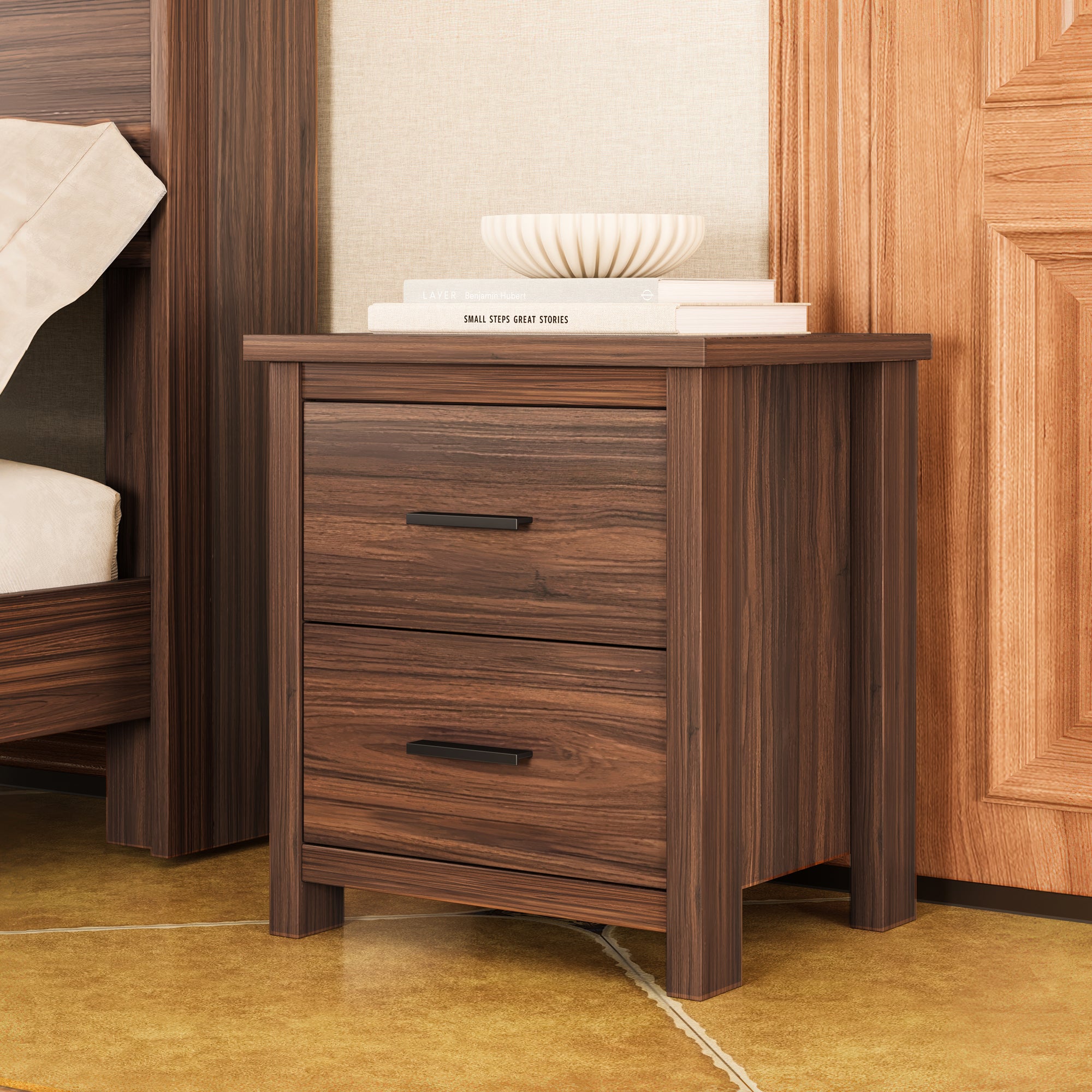 4PCS Bedroom Sets, Wooden Queen Size Bed Frame with Storage Headboard and Charging Station, 2 Nightstands with 2 Drawers, 1 Dresser with 5 Drawers, Walnut(old SKU HL000102AAD)