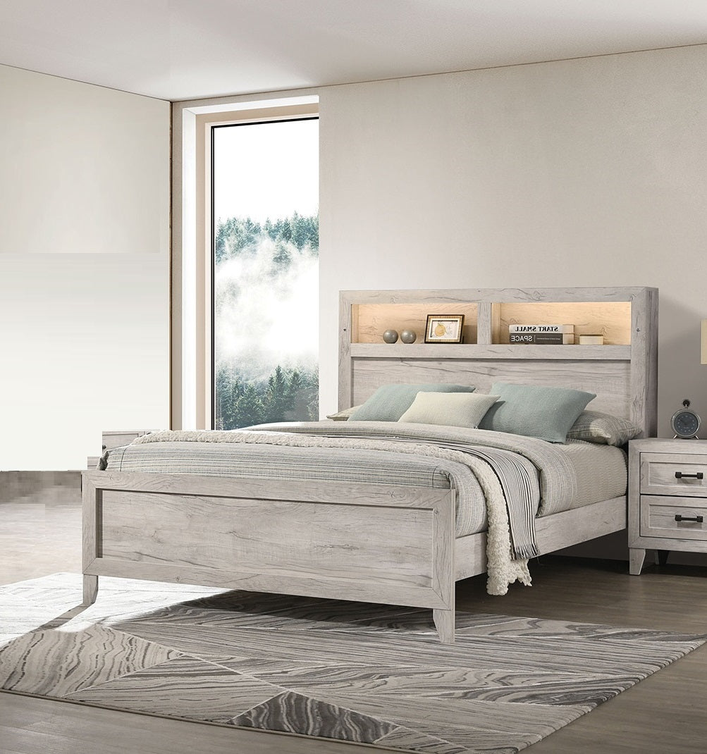 3pc Bedroom Furniture White wash Finish Queen Size Bed w Shelf Light 2x Nightstands Melamine Top Black Bar Pull