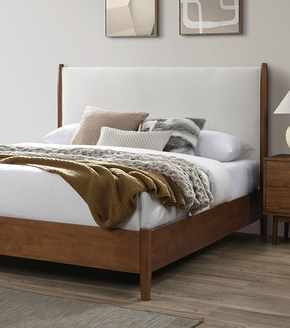 Walnut Color 3pc Bedroom Set Eastern King Size Bed 2x Nightstands Beige Upholstered Fabric Panel HB Mid-Century Modern Style