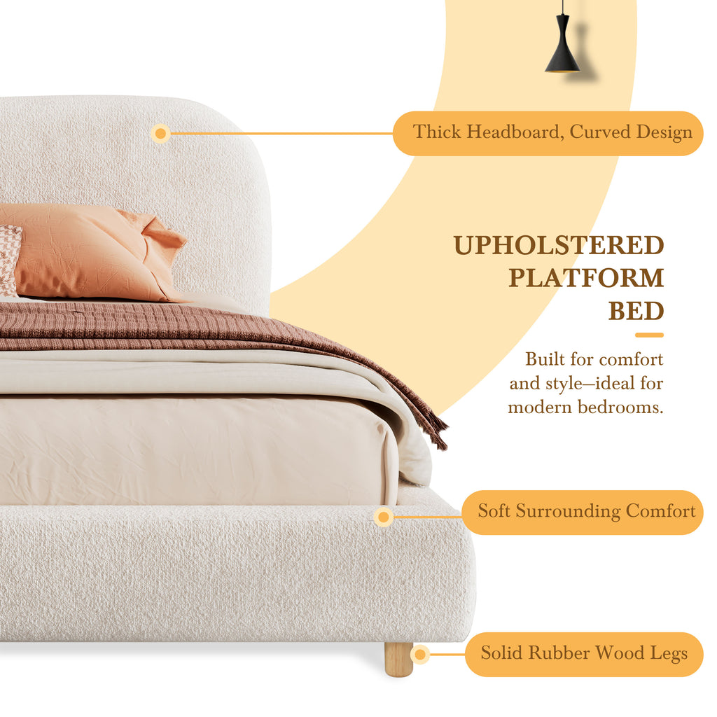 King Size Platform Bed with Boucle Fabric, Boucle Fabric Upholstered Platform Bed with Curve-Shaped Design Headboard, White, Easy Assembly