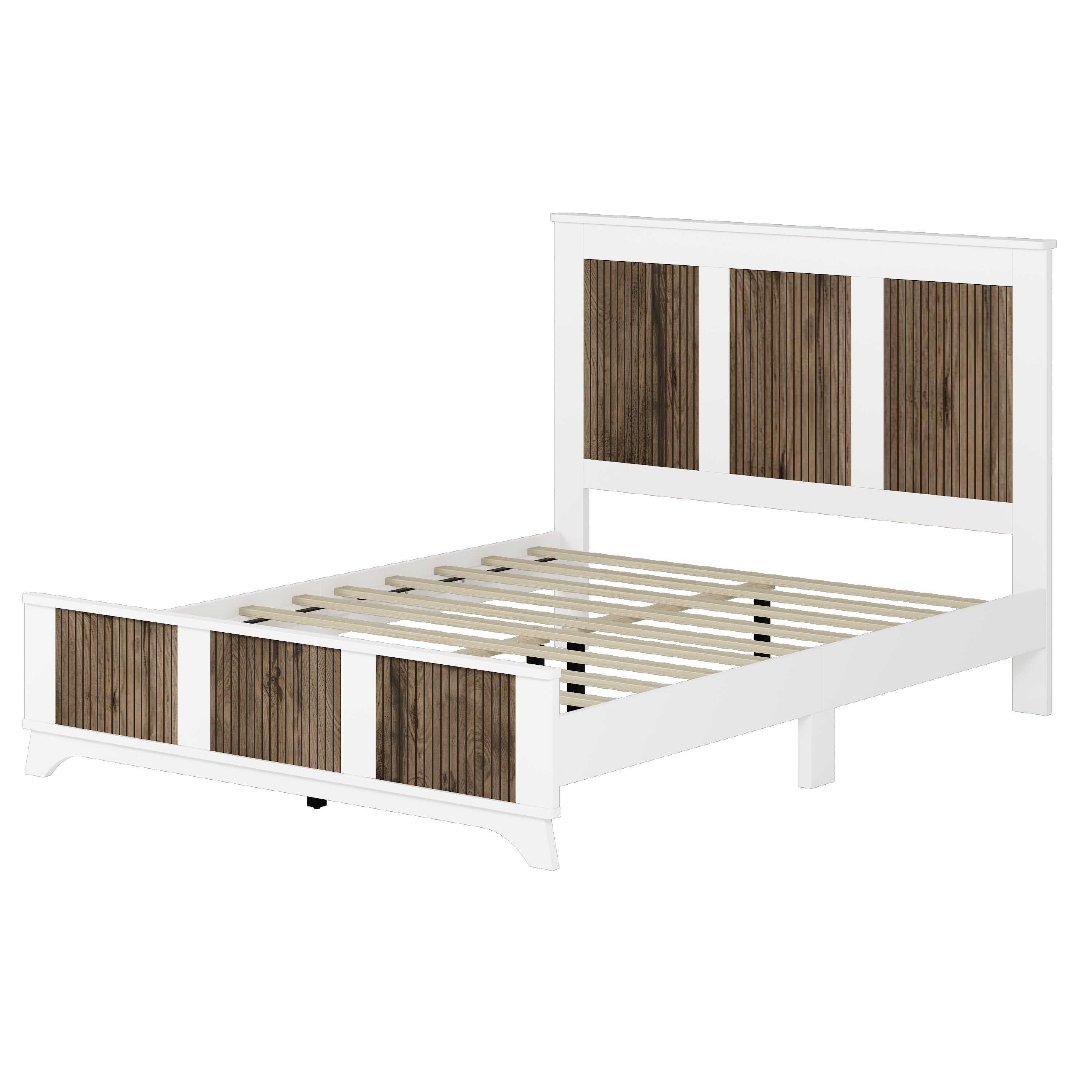 4-Pieces Bedroom Sets, Queen Size Farmhouse Platform Bed with Wooden Strip Stickers Decoration, Storage Nightstand and Dresser with Metal Handle