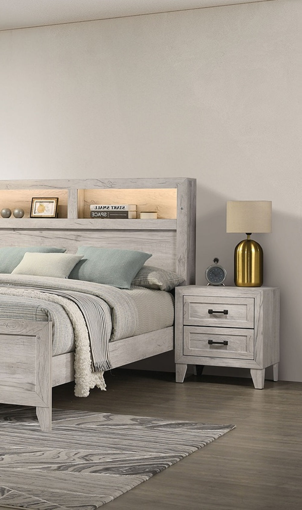 3pc Bedroom Furniture White wash Finish Queen Size Bed w Shelf Light 2x Nightstands Melamine Top Black Bar Pull