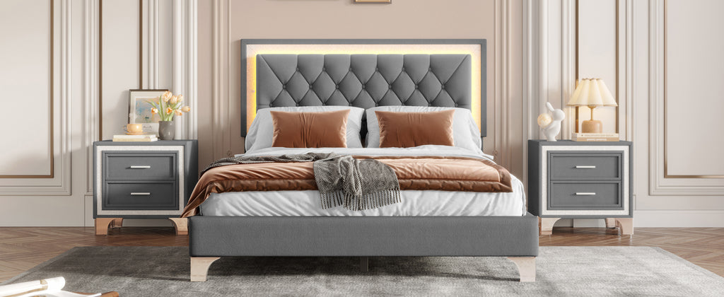 3-Pieces Bedroom Sets,Queen Size Upholstered Platform Bed with LED Lights and Two Nightstands-Gray