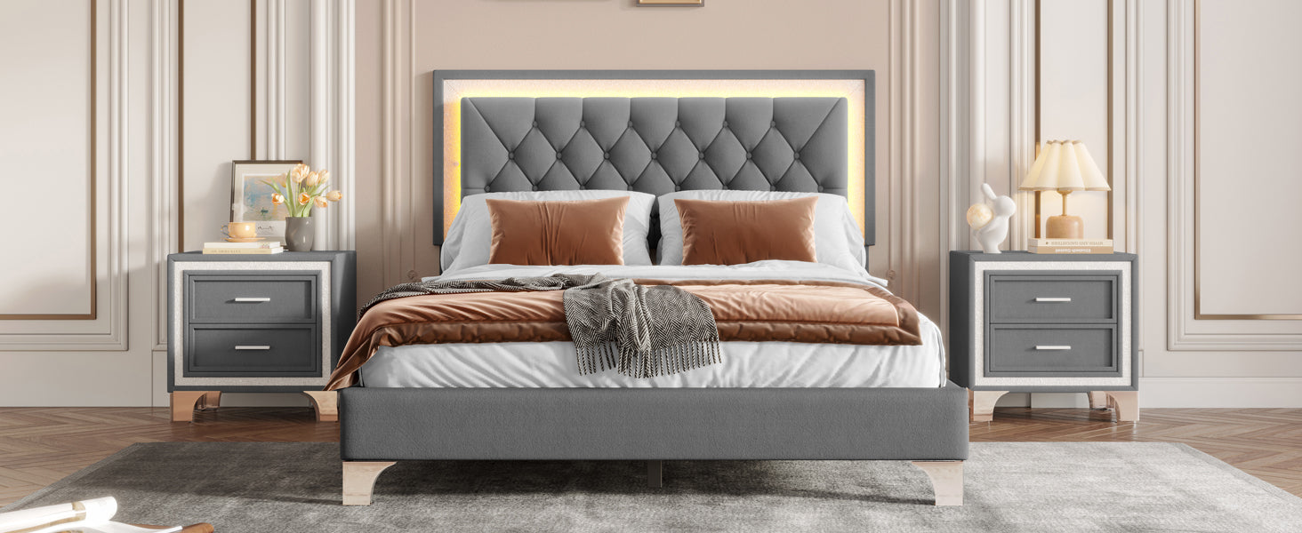 3-Pieces Bedroom Sets,Queen Size Upholstered Platform Bed with LED Lights and Two Nightstands-Gray