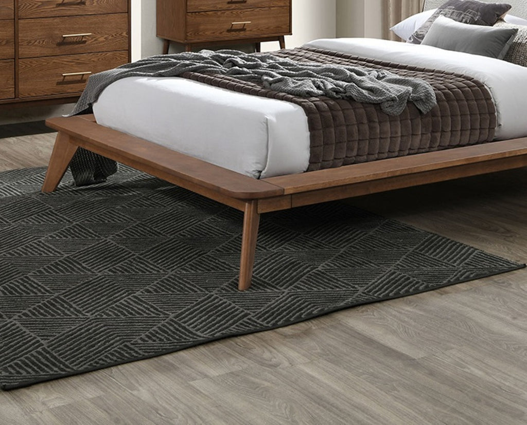 Gorgeous Walnut 3pc Bedroom Set King Size Bed 2x Nightstands Beige Upholstered Fabric Winged Edge Panel HB Mid-Century Modern Style