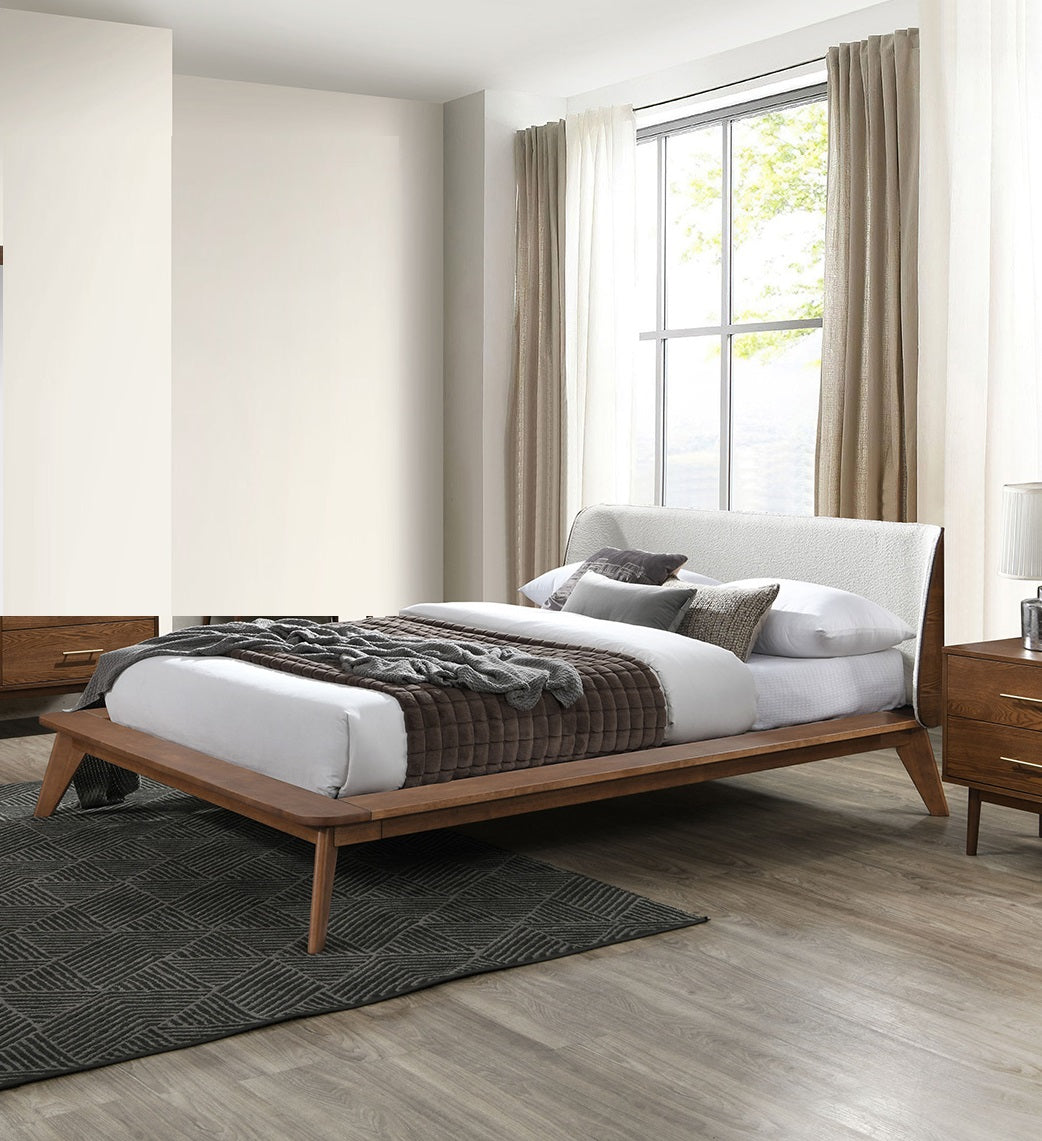 Gorgeous Walnut 3pc Bedroom Set King Size Bed 2x Nightstands Beige Upholstered Fabric Winged Edge Panel HB Mid-Century Modern Style