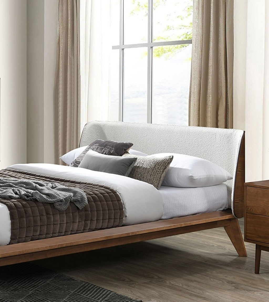 Gorgeous Walnut 3pc Bedroom Set King Size Bed 2x Nightstands Beige Upholstered Fabric Winged Edge Panel HB Mid-Century Modern Style