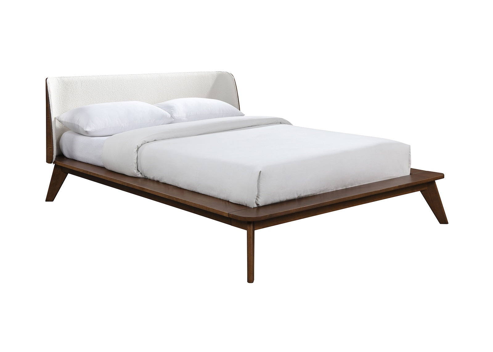 Gorgeous Walnut 3pc Bedroom Set King Size Bed 2x Nightstands Beige Upholstered Fabric Winged Edge Panel HB Mid-Century Modern Style