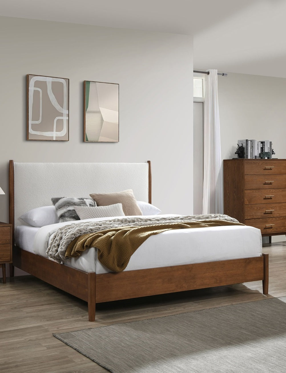 Walnut Color 3pc Bedroom Set Eastern King Size Bed 2x Nightstands Beige Upholstered Fabric Panel HB Mid-Century Modern Style