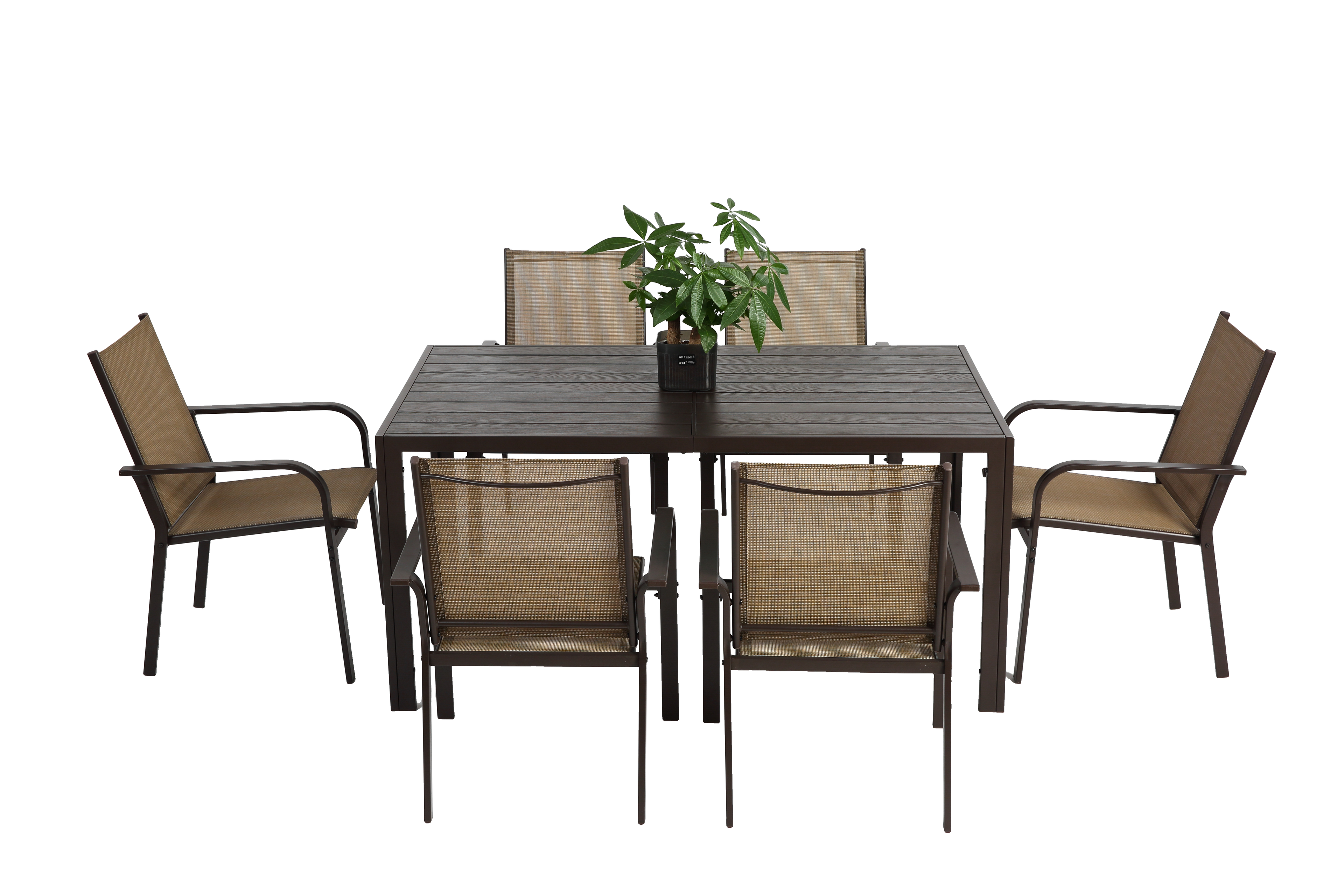 7 Pieces Patio Dining Set, Outdoor Furniture Table and 6 Textilene Chairs, Outdoor Furniture with Rectangular Table and 6 Stackable Chairs Family Conversation Set for Garden Backyard Deck-Brown
