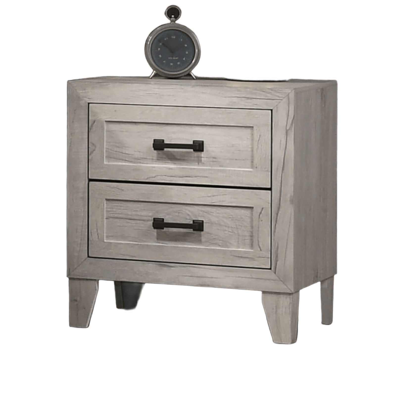 3pc Bedroom Furniture White wash Finish Queen Size Bed w Shelf Light 2x Nightstands Melamine Top Black Bar Pull