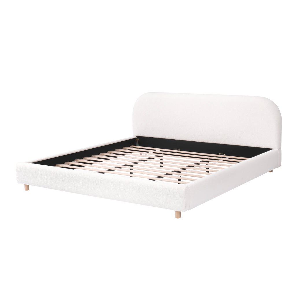 King Size Platform Bed with Boucle Fabric, Boucle Fabric Upholstered Platform Bed with Curve-Shaped Design Headboard, White, Easy Assembly