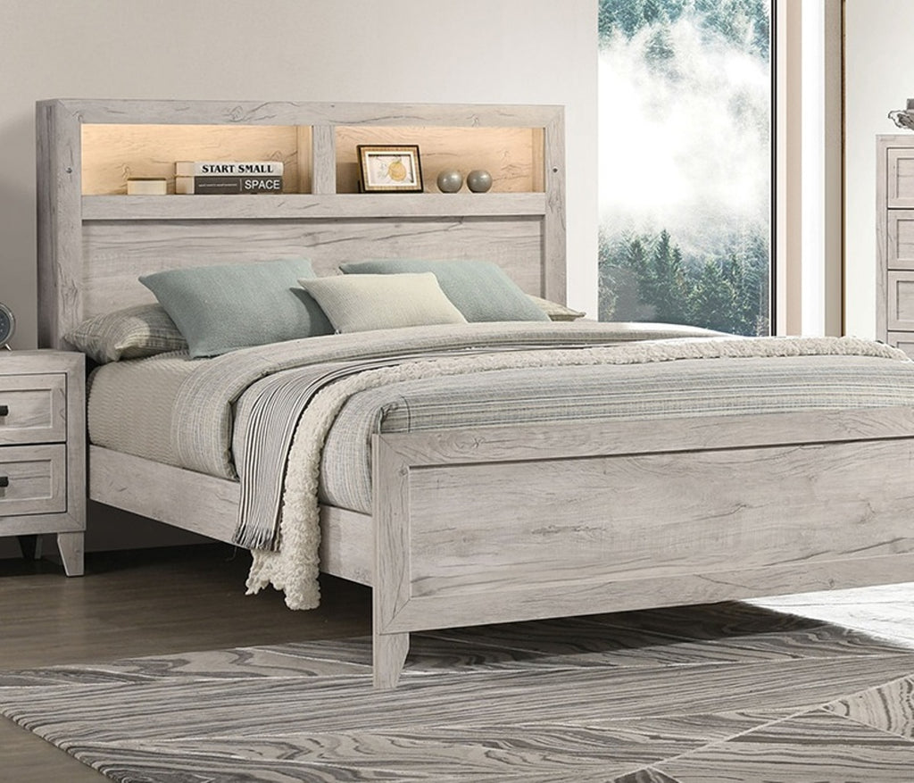 3pc Bedroom Furniture White wash Finish Queen Size Bed w Shelf Light 2x Nightstands Melamine Top Black Bar Pull