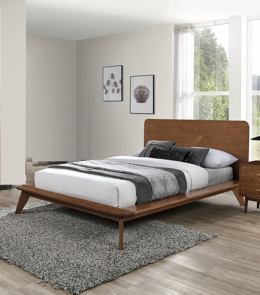 Platform Bed Walnut Color 3pc Bedroom Set King Size Bed 2x Nightstands Wooden Mid-Century Modern Style