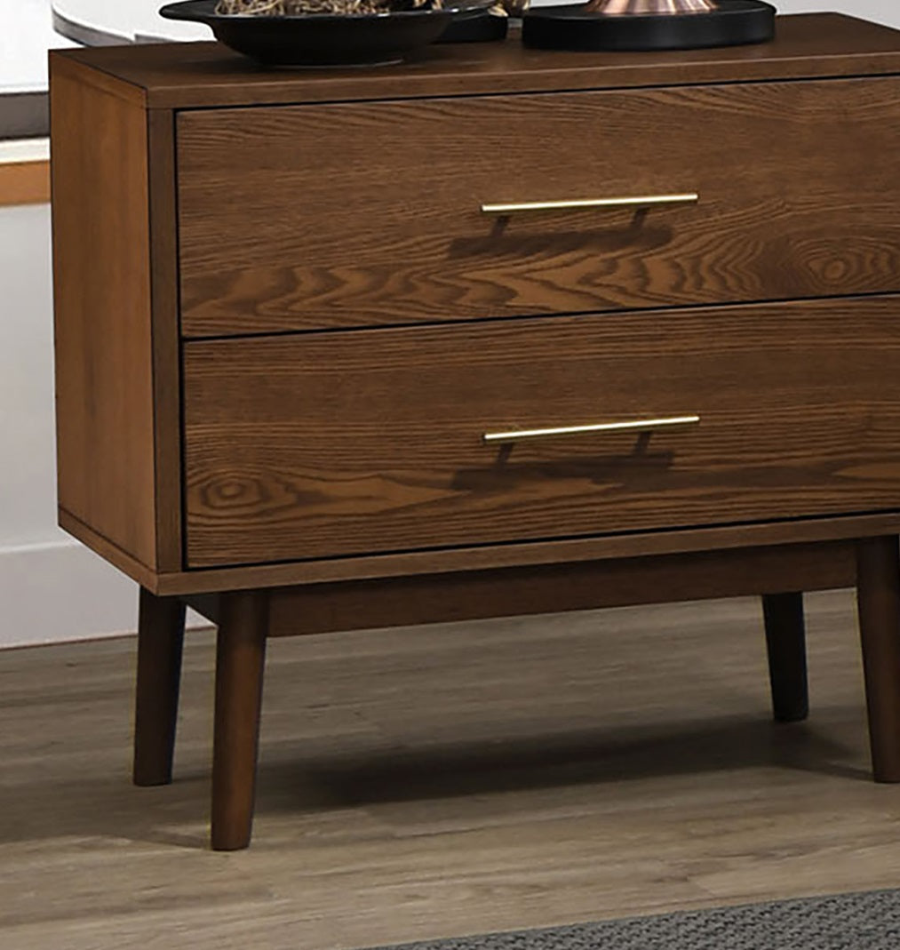 Walnut Color 3pc Bedroom Set Eastern King Size Bed 2x Nightstands Beige Upholstered Fabric Panel HB Mid-Century Modern Style