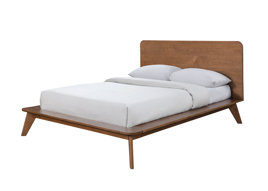 Platform Bed Walnut Color 3pc Bedroom Set King Size Bed 2x Nightstands Wooden Mid-Century Modern Style