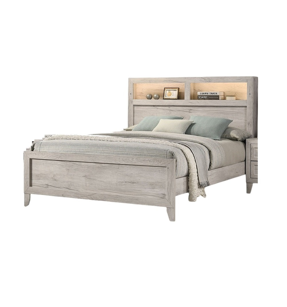 3pc Bedroom Furniture White wash Finish Queen Size Bed w Shelf Light 2x Nightstands Melamine Top Black Bar Pull