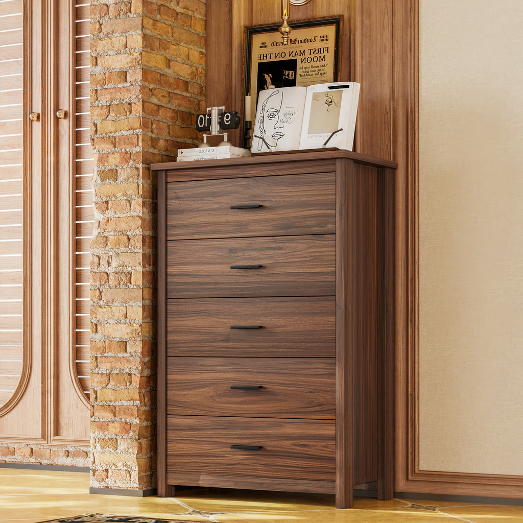 4PCS Bedroom Sets, Wooden Queen Size Bed Frame with Storage Headboard and Charging Station, 2 Nightstands with 2 Drawers, 1 Dresser with 5 Drawers, Walnut(old SKU HL000102AAD)