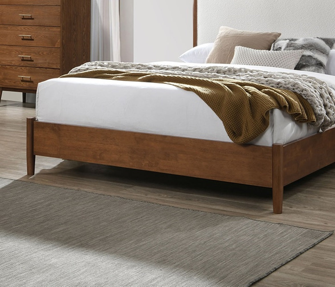 Walnut Color 3pc Bedroom Set Eastern King Size Bed 2x Nightstands Beige Upholstered Fabric Panel HB Mid-Century Modern Style